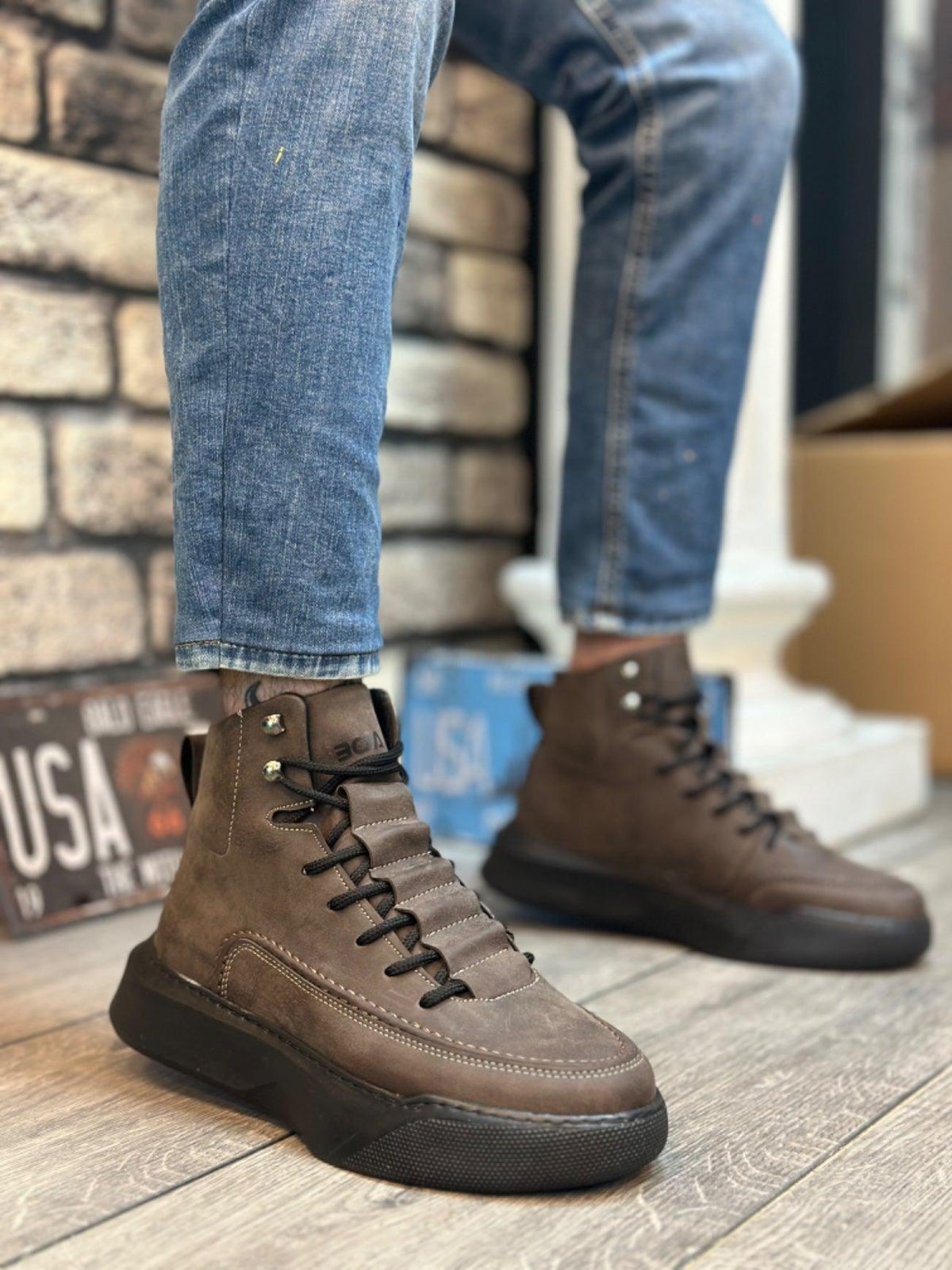 BA0321 Hidden Lace Men's High Sole Brown Sports Boots - STREETMODE™