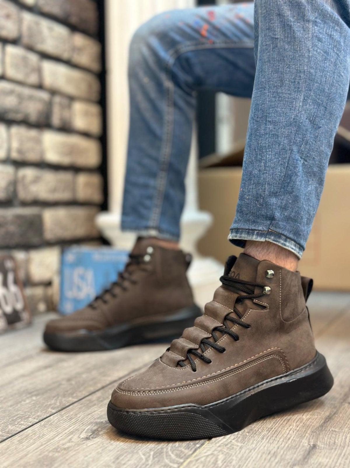 BA0321 Hidden Lace Men's High Sole Brown Sports Boots - STREETMODE™