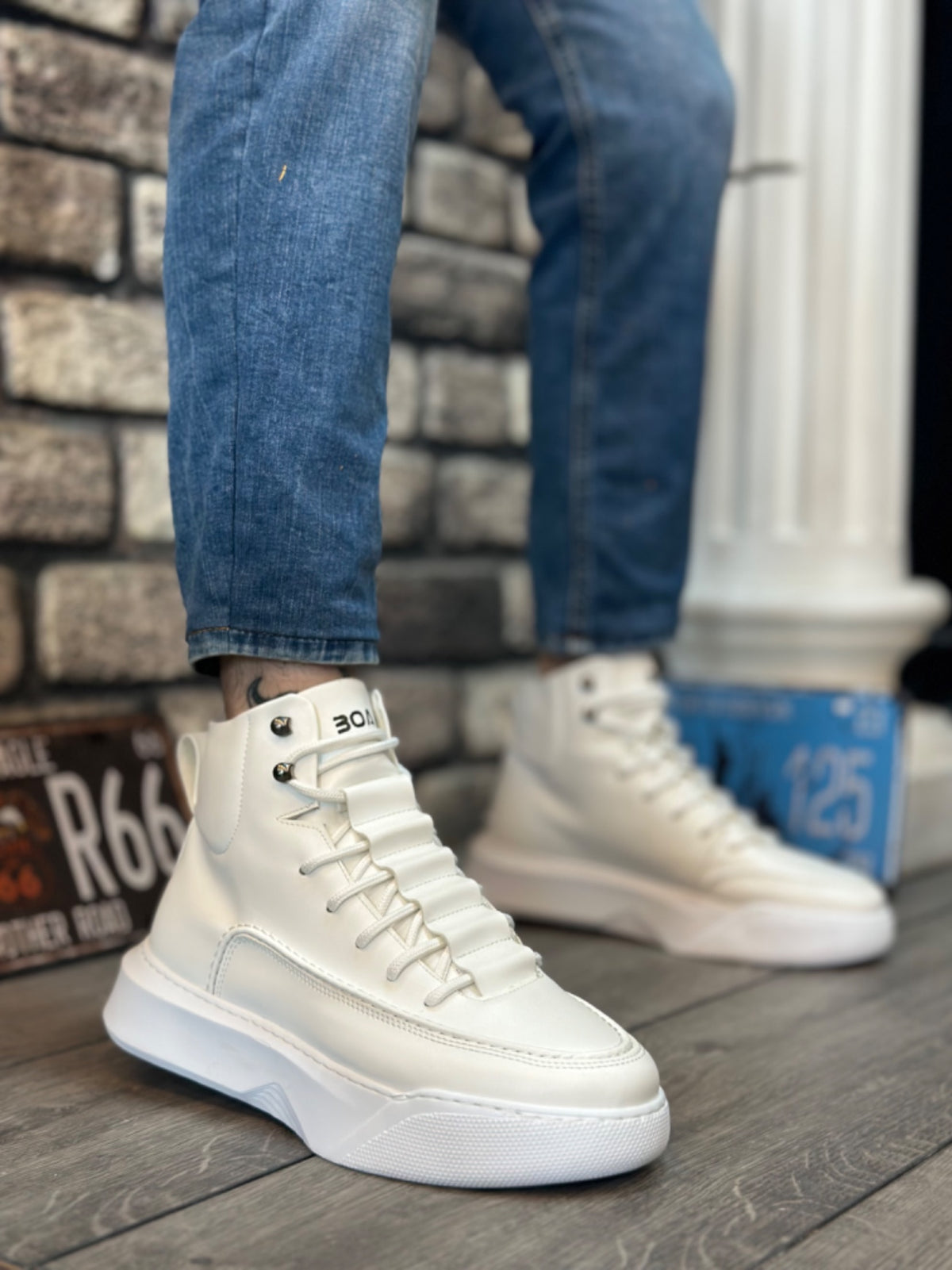 BA0321 Hidden Lace Men's High Sole White Sports Boots - STREETMODE™