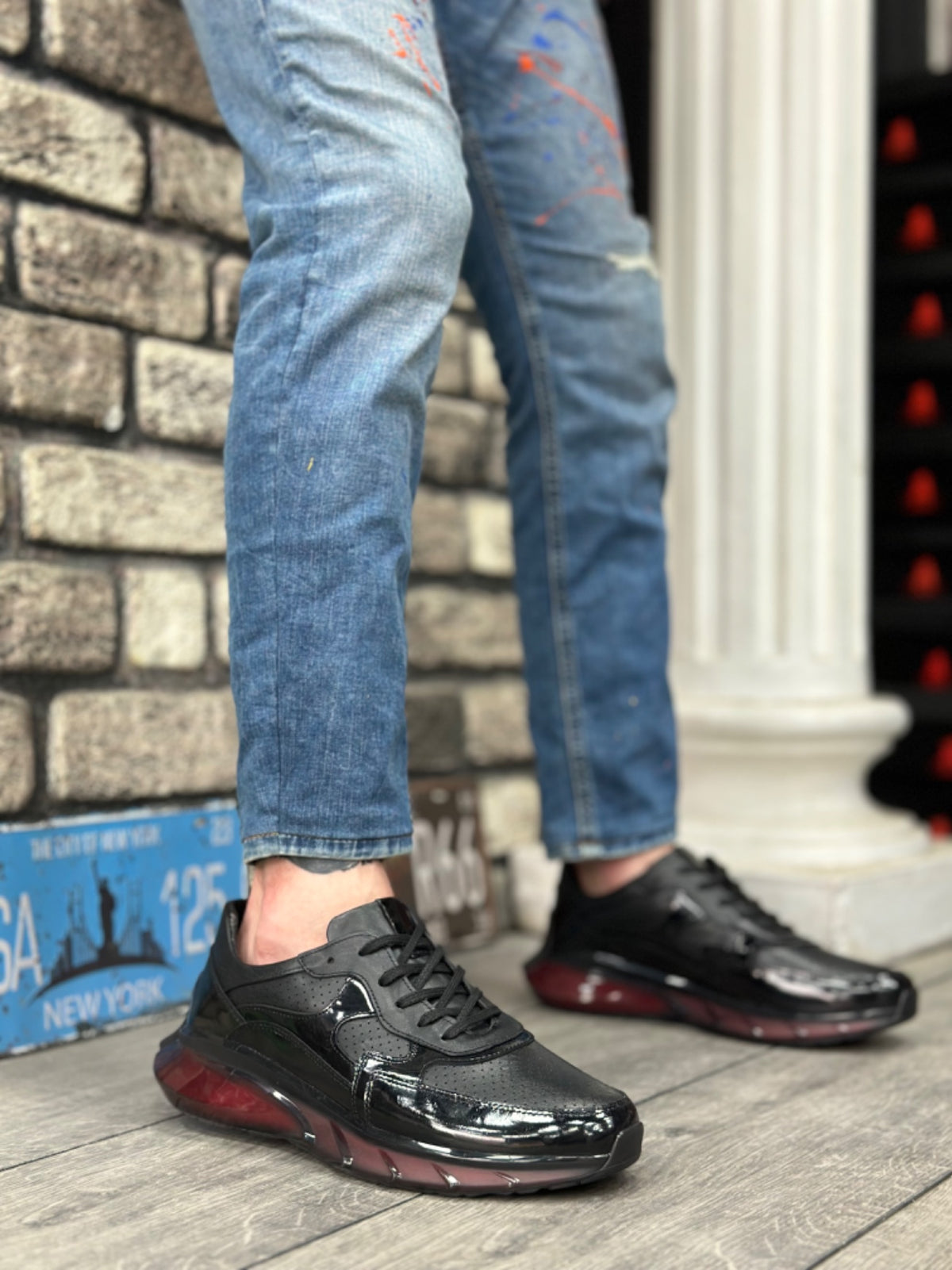 BA0324 Inside and Outside Genuine Leather Comfortable Sole Black Red Sneakers Casual Men's Shoes - STREETMODE™