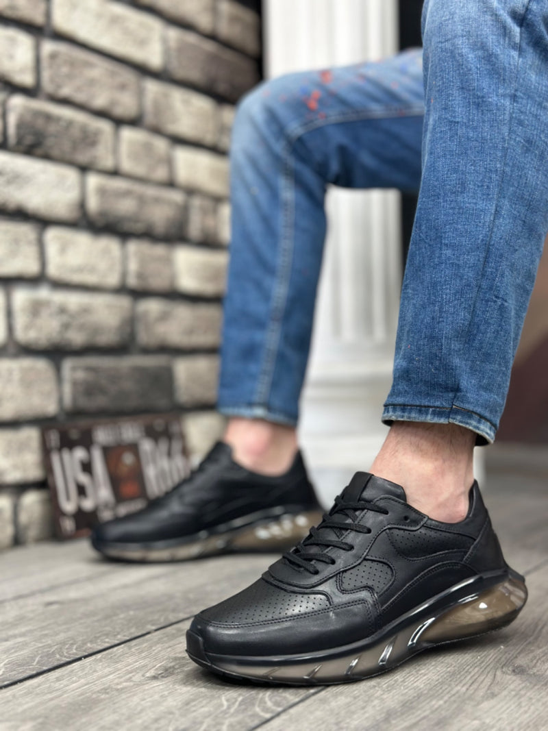 BA0324 Inside and Outside Genuine Leather Comfortable Sole Black Sneakers Casual Men's Shoes - STREETMODE™