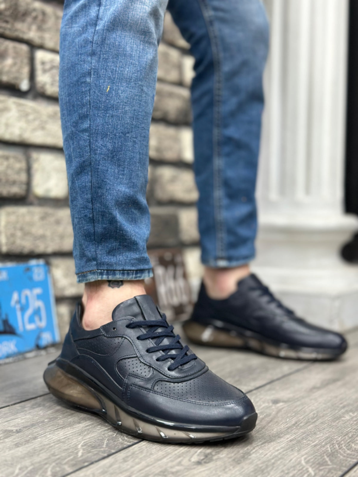 BA0324 Inside and Outside Genuine Leather Comfortable Sole Navy Blue Sneakers Casual Men's Shoes - STREETMODE™