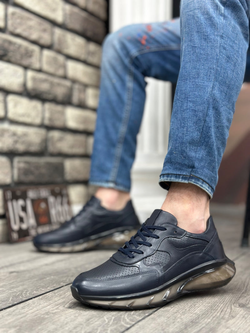 BA0324 Inside and Outside Genuine Leather Comfortable Sole Navy Blue Sneakers Casual Men's Shoes - STREETMODE™