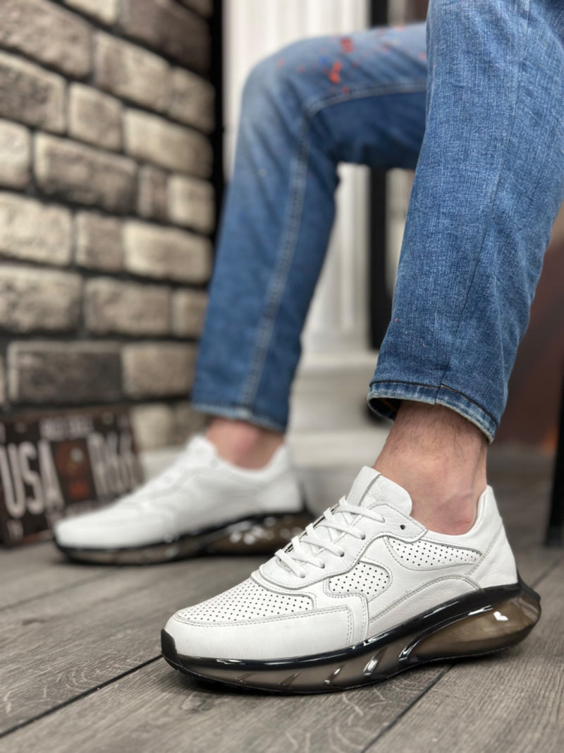 BA0324 Inside and Outside Genuine Leather Comfortable Sole White Sneakers Casual Men's Shoes - STREETMODE™