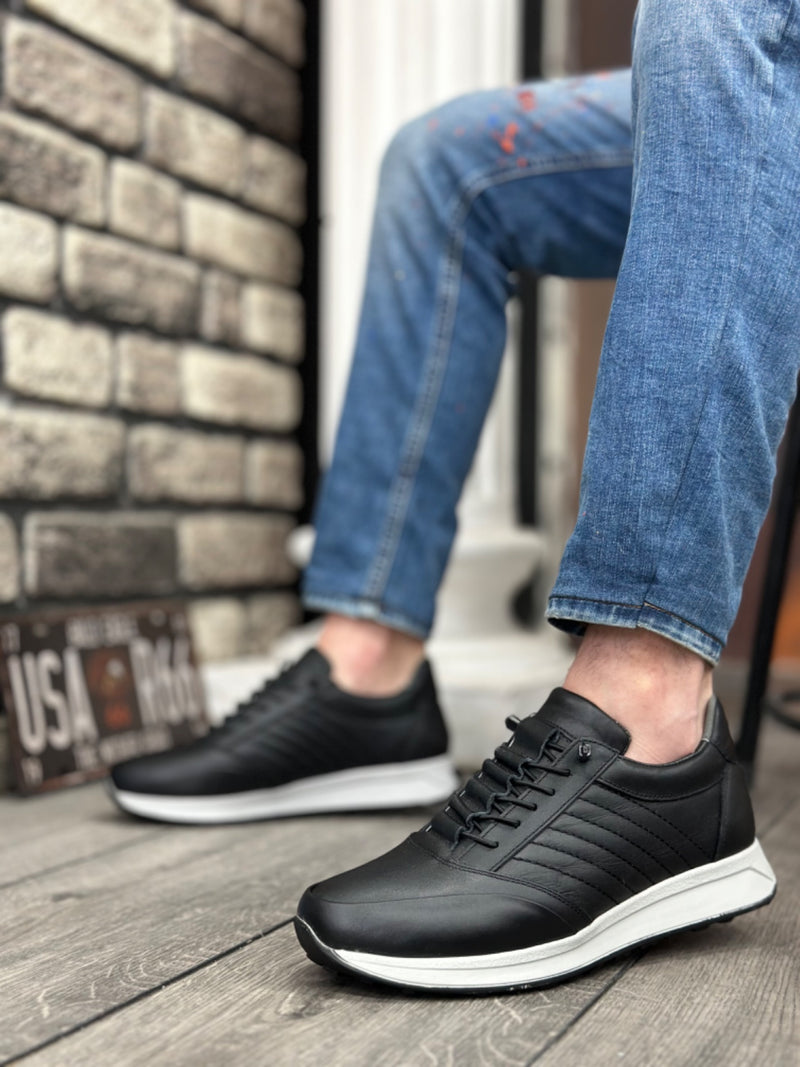 BA0325 Inside and Outside Genuine Leather Hidden Laces Comfortable Sole Black Sneakers Casual Men's Shoes - STREETMODE™
