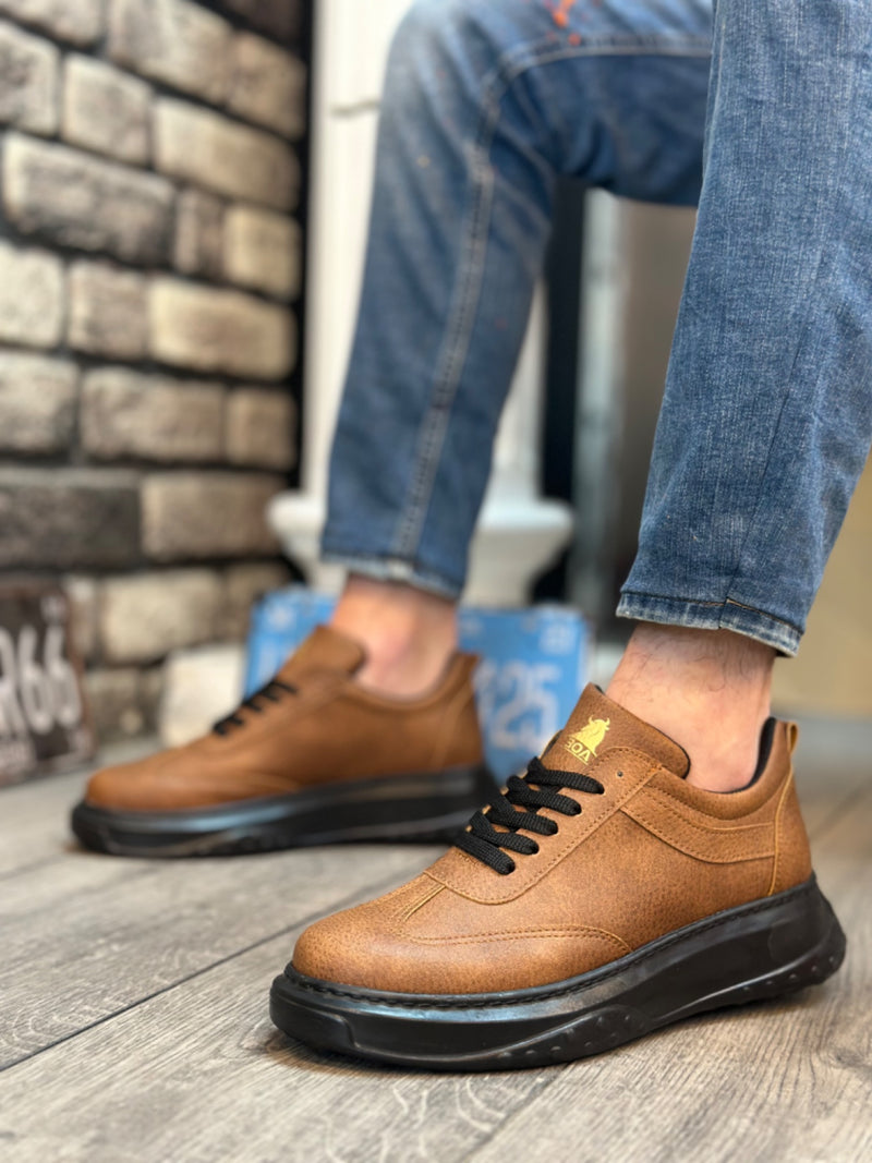 BA0327 Brown Black Thick High Sole Lace-Up Sports Men's Shoes - STREETMODE™