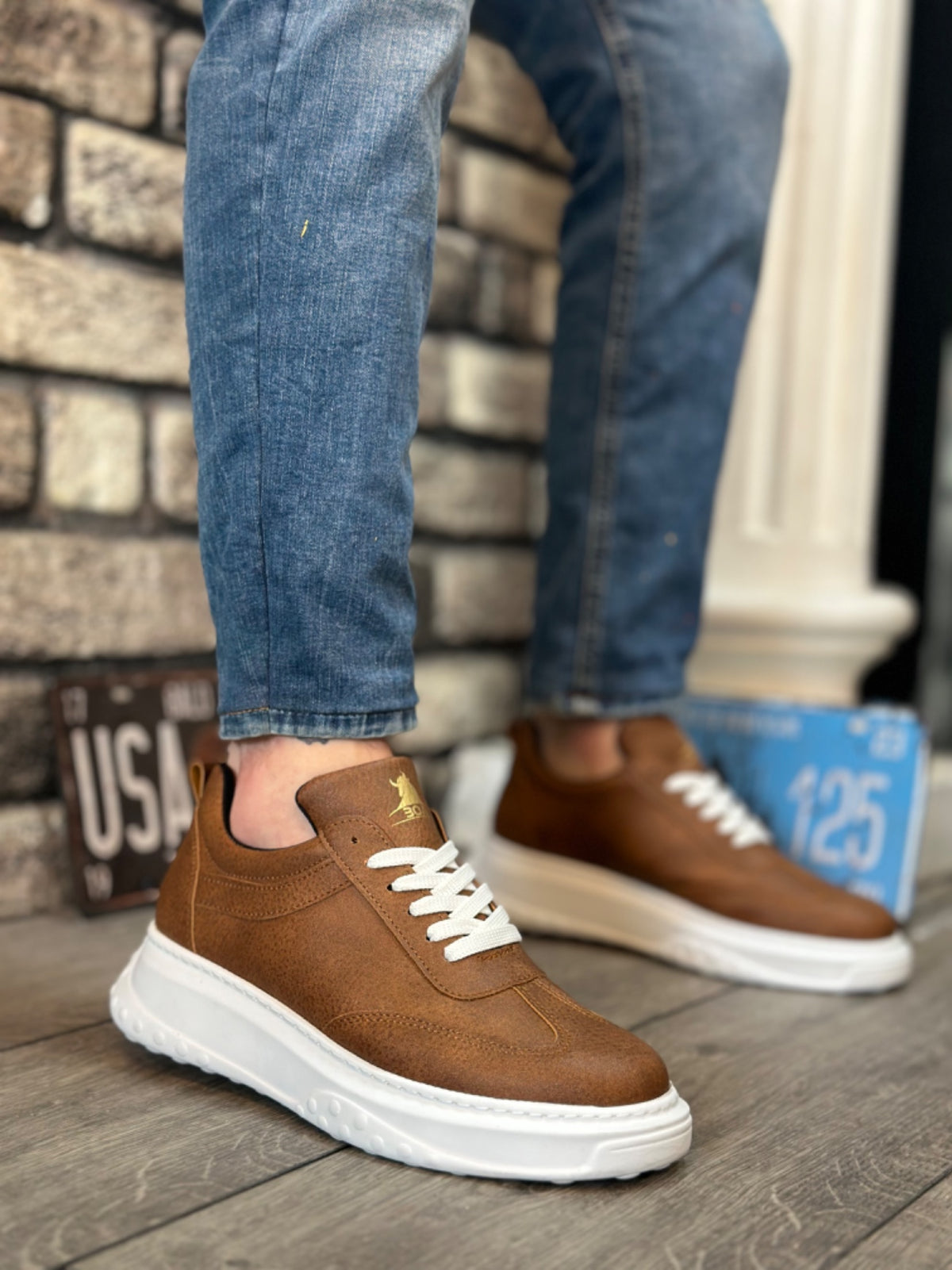 BA0327 Brown White Thick High Sole Lace-Up Sports Men's Shoes - STREETMODE™