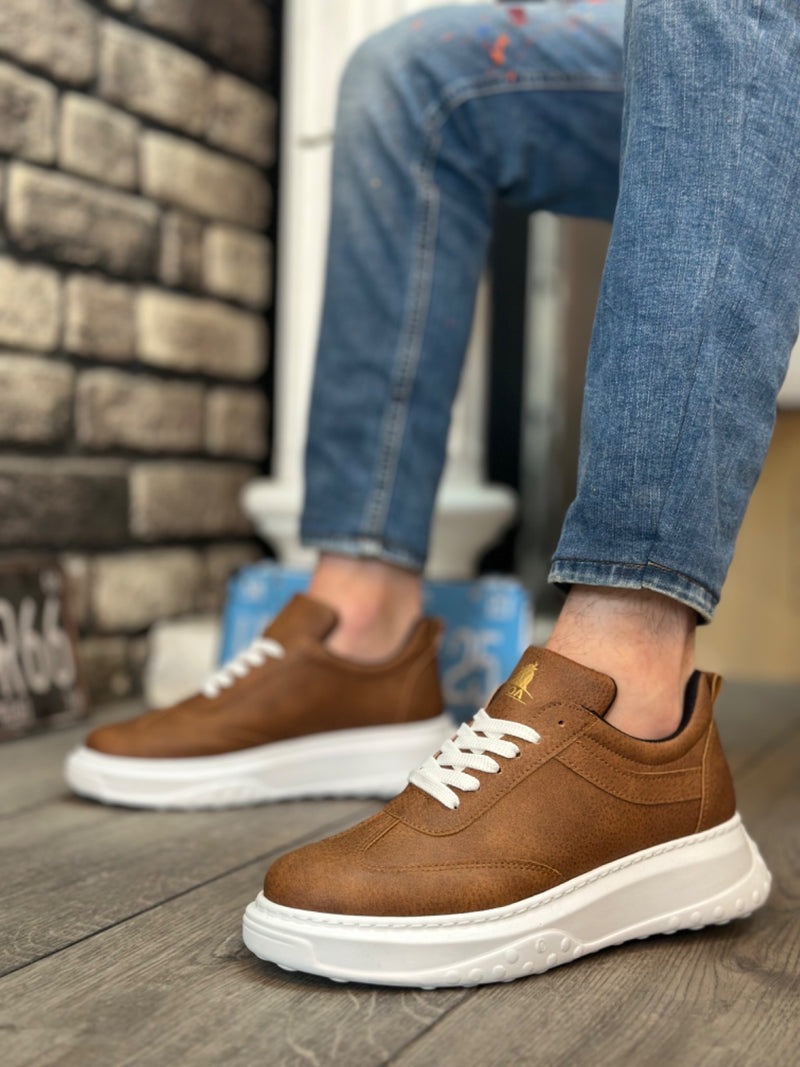 BA0327 Brown White Thick High Sole Lace-Up Sports Men's Shoes - STREETMODE™
