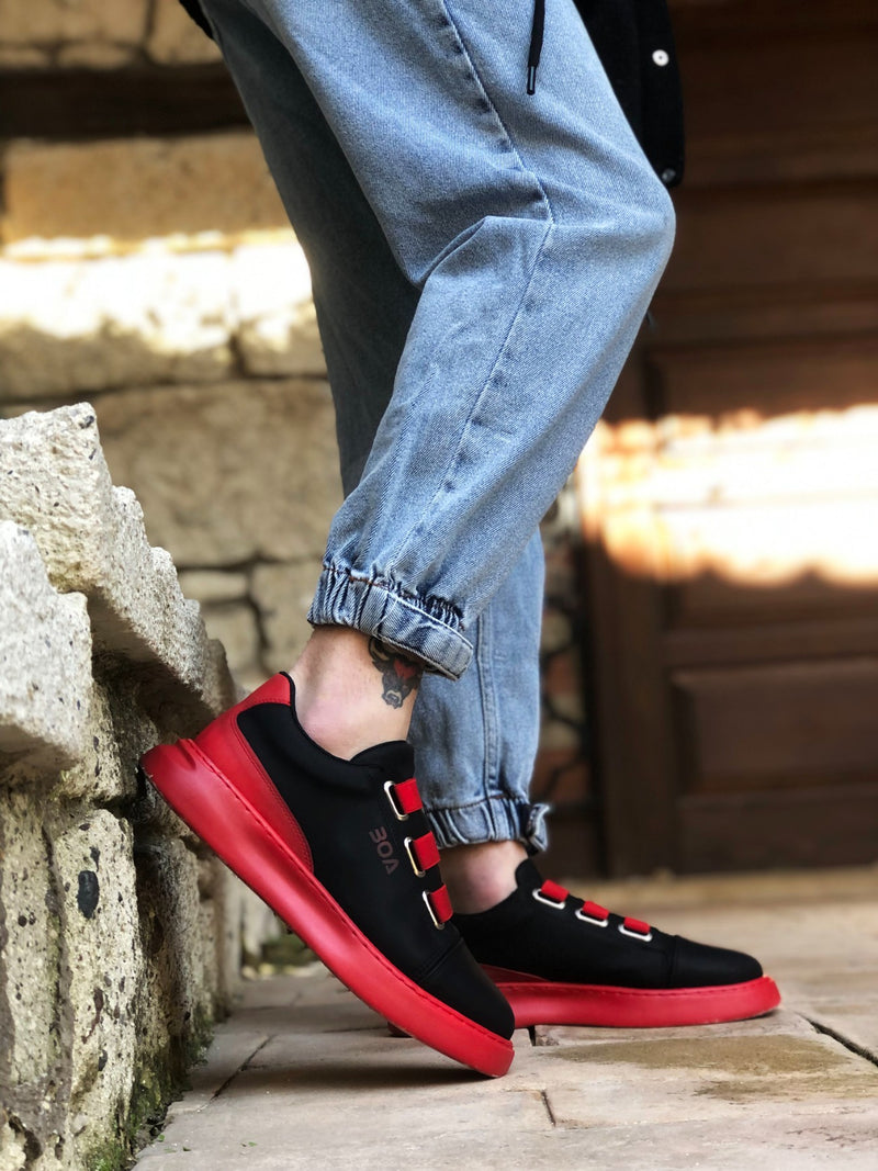 BA0329 3-Stripes Black Red Thick Sole Casual Men's Shoes - STREETMODE™