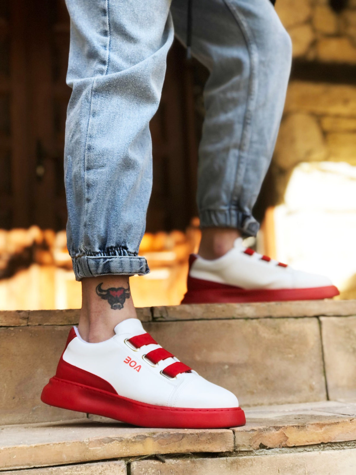 BA0329 3-Stripes White Red Detailed Thick Sole Men's Casual Shoes - STREETMODE™