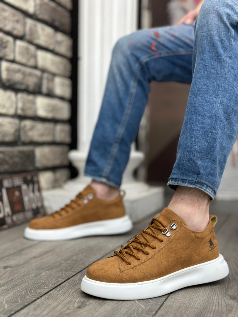 BA0331 Lace-Up Men's High Sole Tan Suede White Sole Sports Shoes - STREETMODE™
