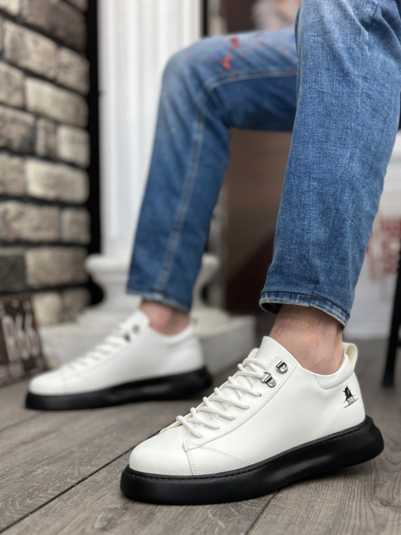 BA0331 Lace-Up Men's High Sole White Black Skin Sports Shoes - STREETMODE™