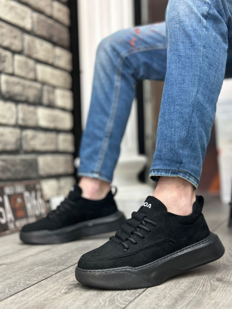 BA0332 Ladder Pattern Lace-Up Men's High Sole Black Suede Black Sole Sports Shoes - STREETMODE™