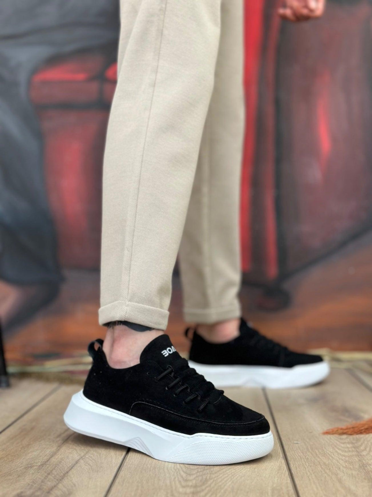 BA0332 Ladder Pattern Lace-Up Men's High Sole Black Suede White Sole Sports Shoes - STREETMODE™