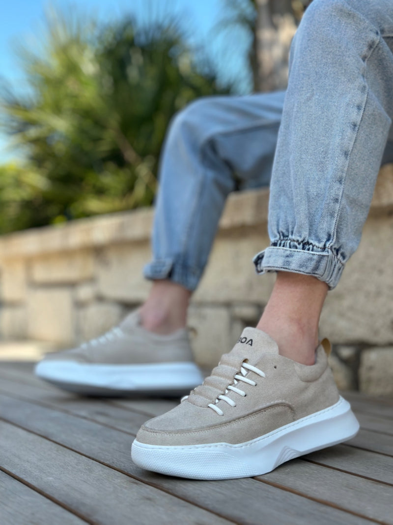 BA0332 Ladder Pattern Lace-Up Men's High Sole Cream Suede Sports Shoes - STREETMODE™
