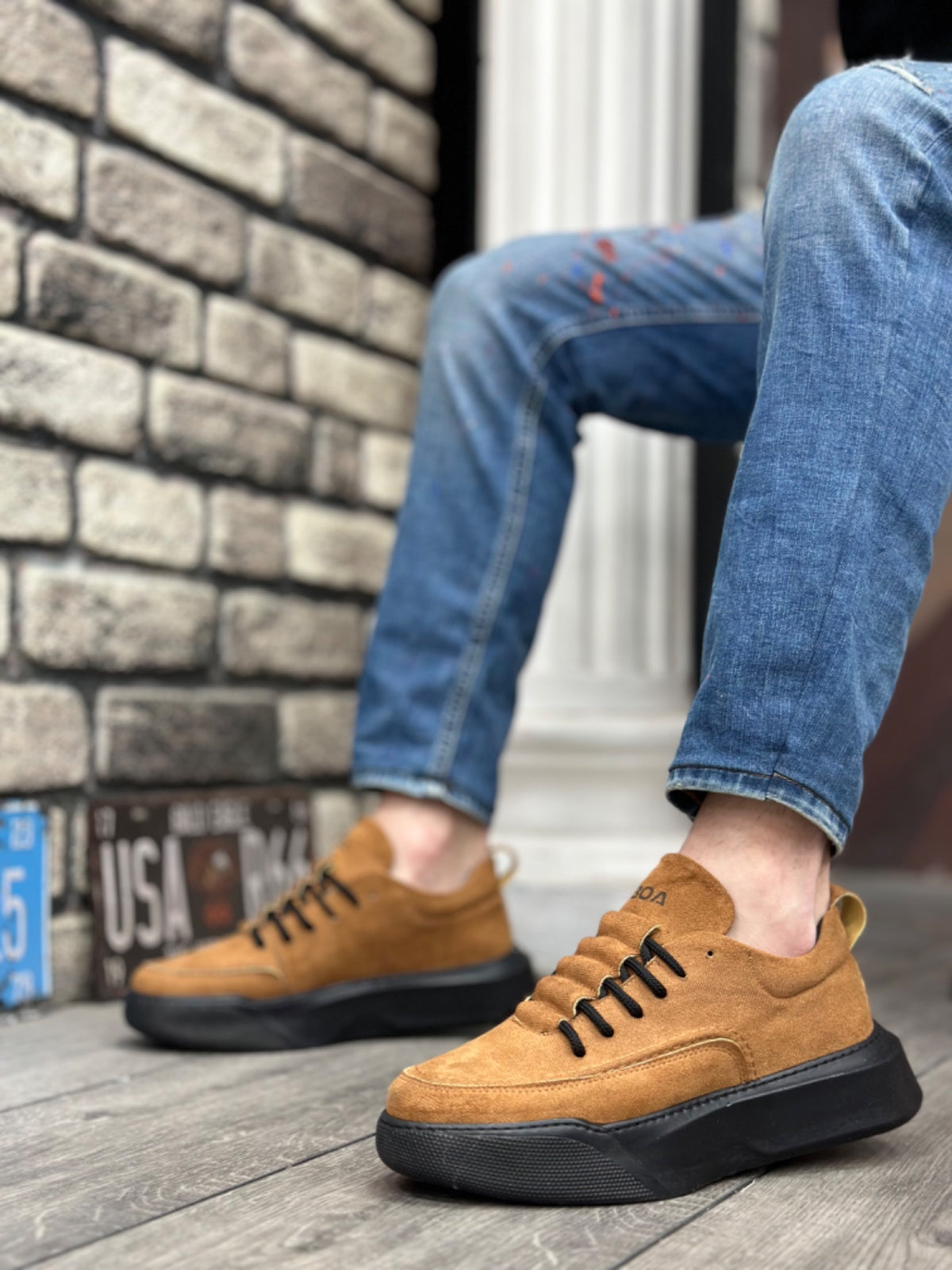 BA0332 Ladder Pattern Lace-Up Men's High Sole Tan Suede Black Sole Sports Shoes - STREETMODE™