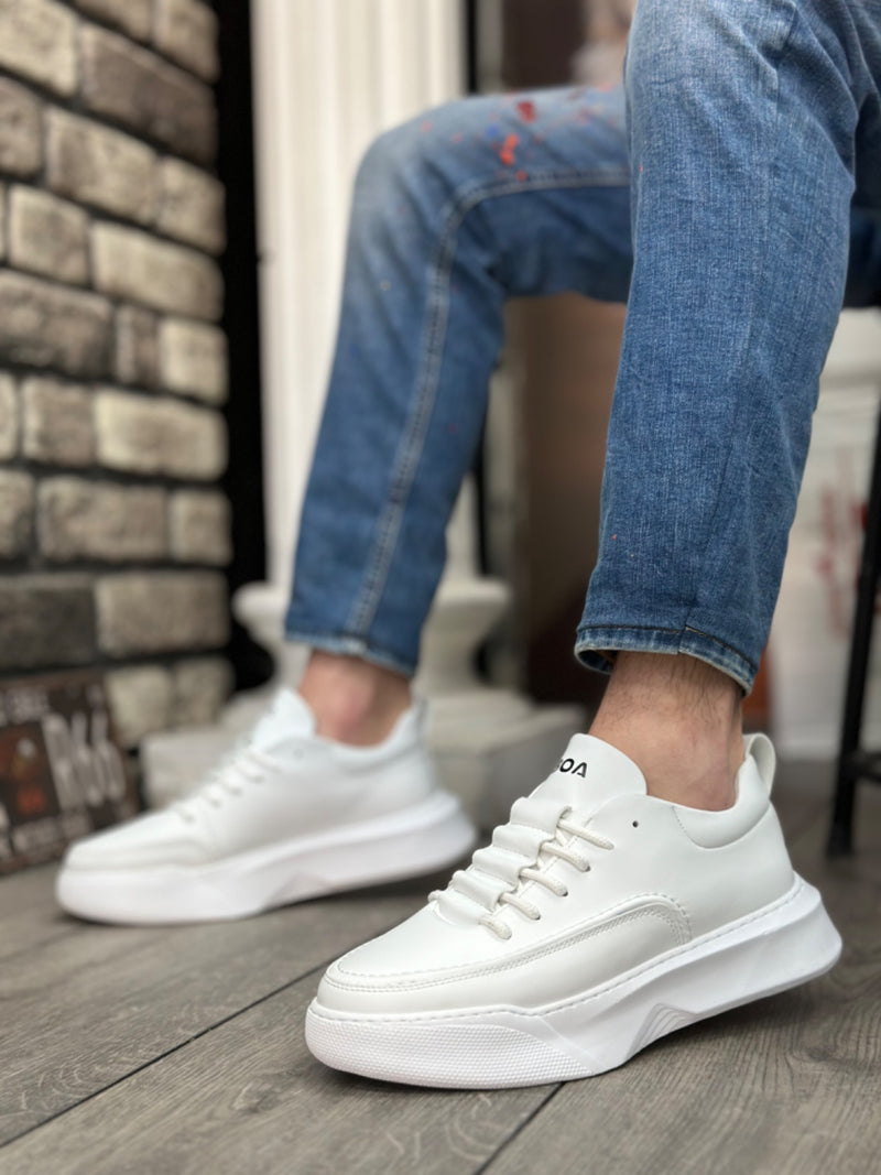BA0332 Ladder Pattern Lace-Up Men's High Sole White Skin Sports Shoes - STREETMODE™