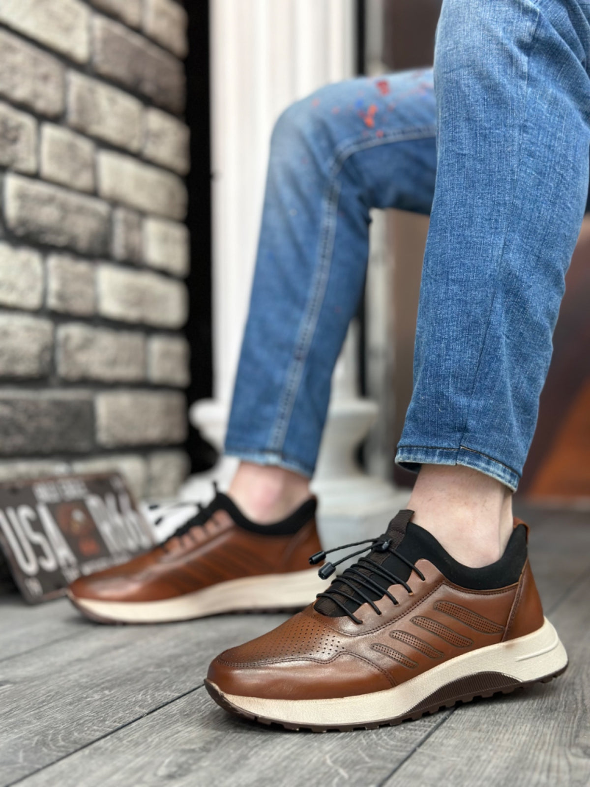 BA0335 Genuine Leather Comfortable Sole Adjustable Rubber Laced Tan Casual Men's Shoes - STREETMODE™