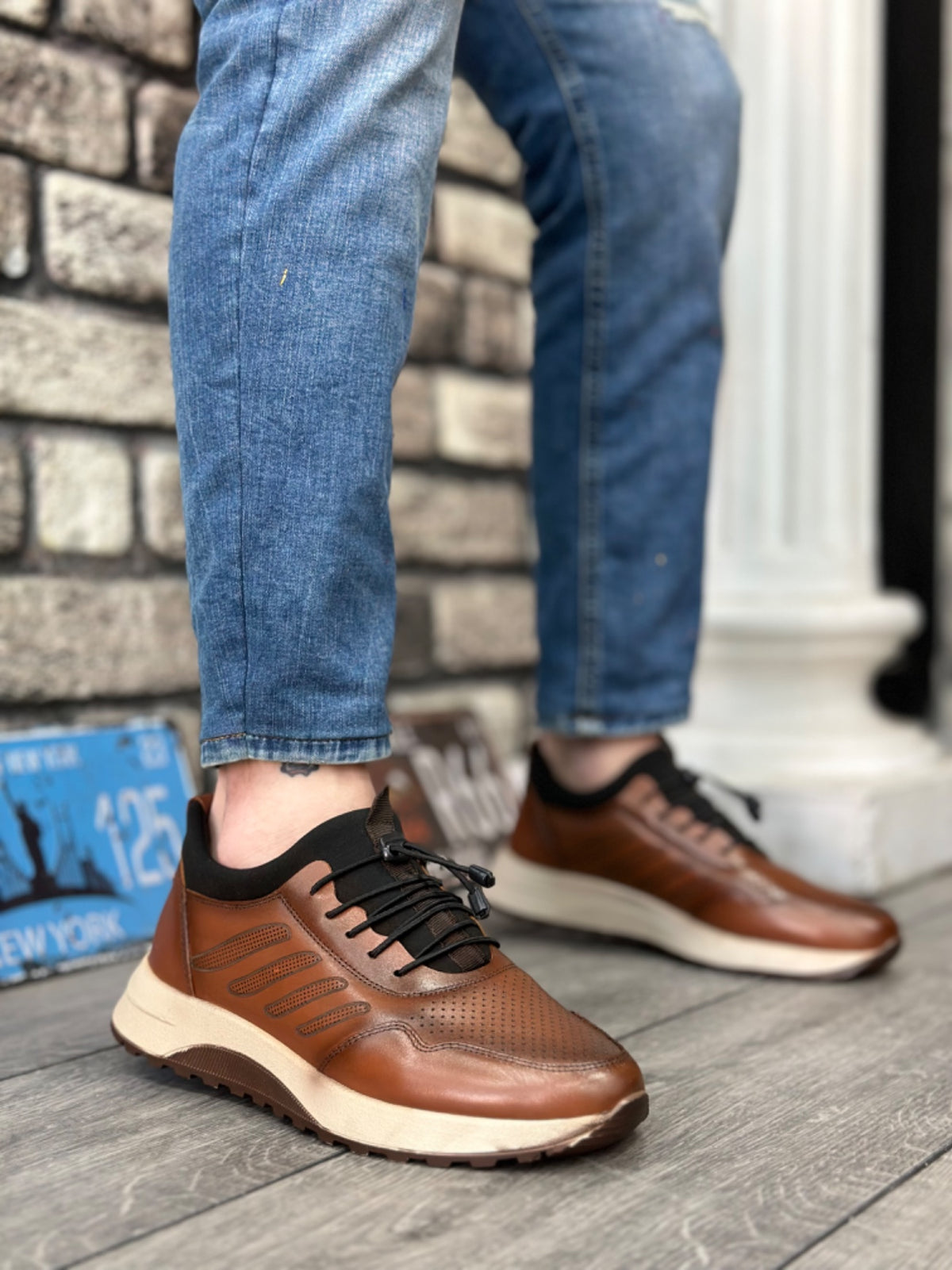 BA0335 Genuine Leather Comfortable Sole Adjustable Rubber Laced Tan Casual Men's Shoes - STREETMODE™