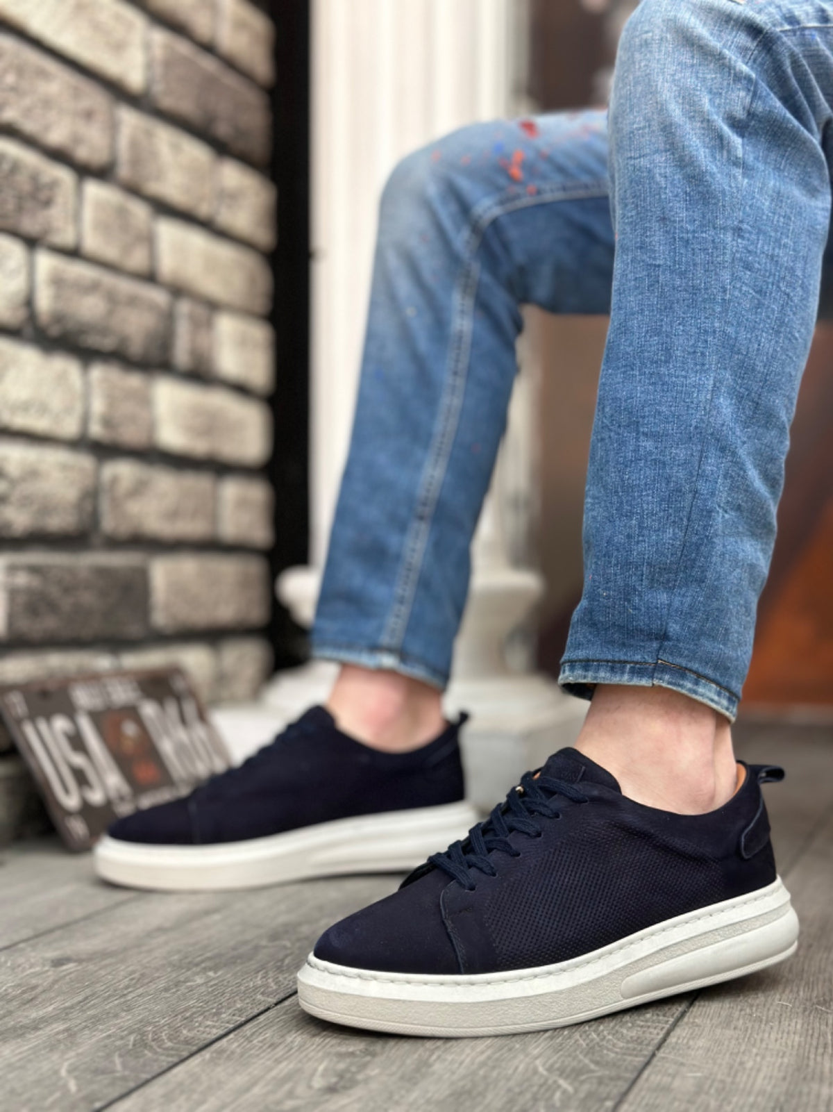 BA0336 Inside and Outside Genuine Nubuck Leather Navy Blue Lace-up Casual Men's Shoes - STREETMODE™