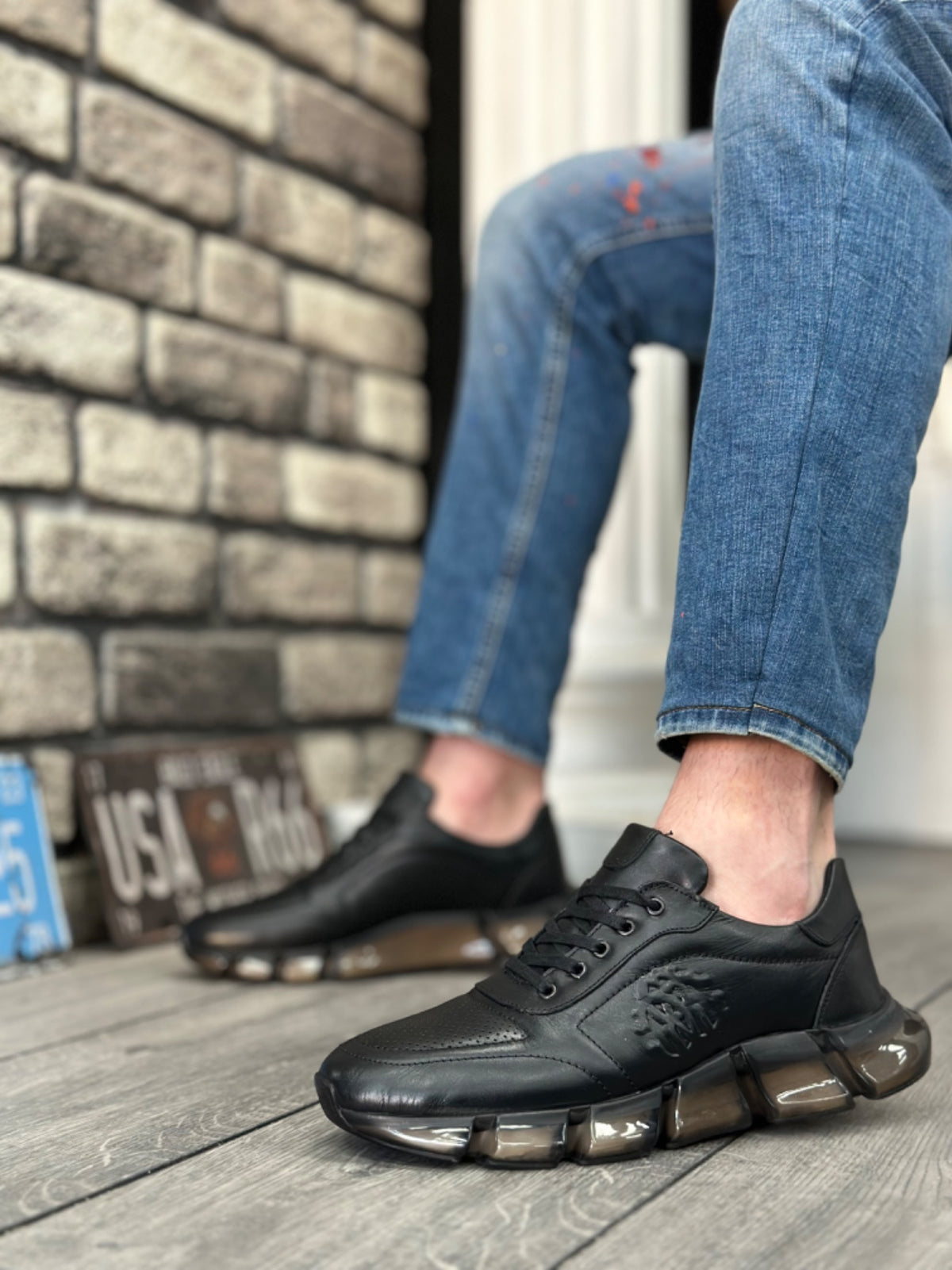 BA0338 Inside and Outside Genuine Leather Comfortable Sole Black Sneakers Casual Men's Shoes - STREETMODE™
