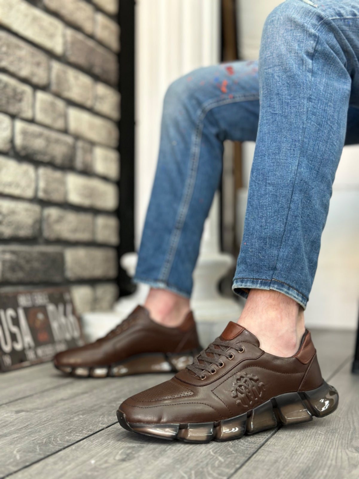 BA0338 Inside and Outside Genuine Leather Comfortable Sole Brown Sneakers Casual Men's Shoes - STREETMODE™
