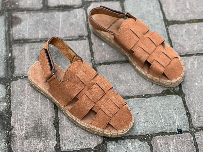 BA0342 Luxury Suede Straw Sole Tan Velcro Daily Sandals - STREETMODE™
