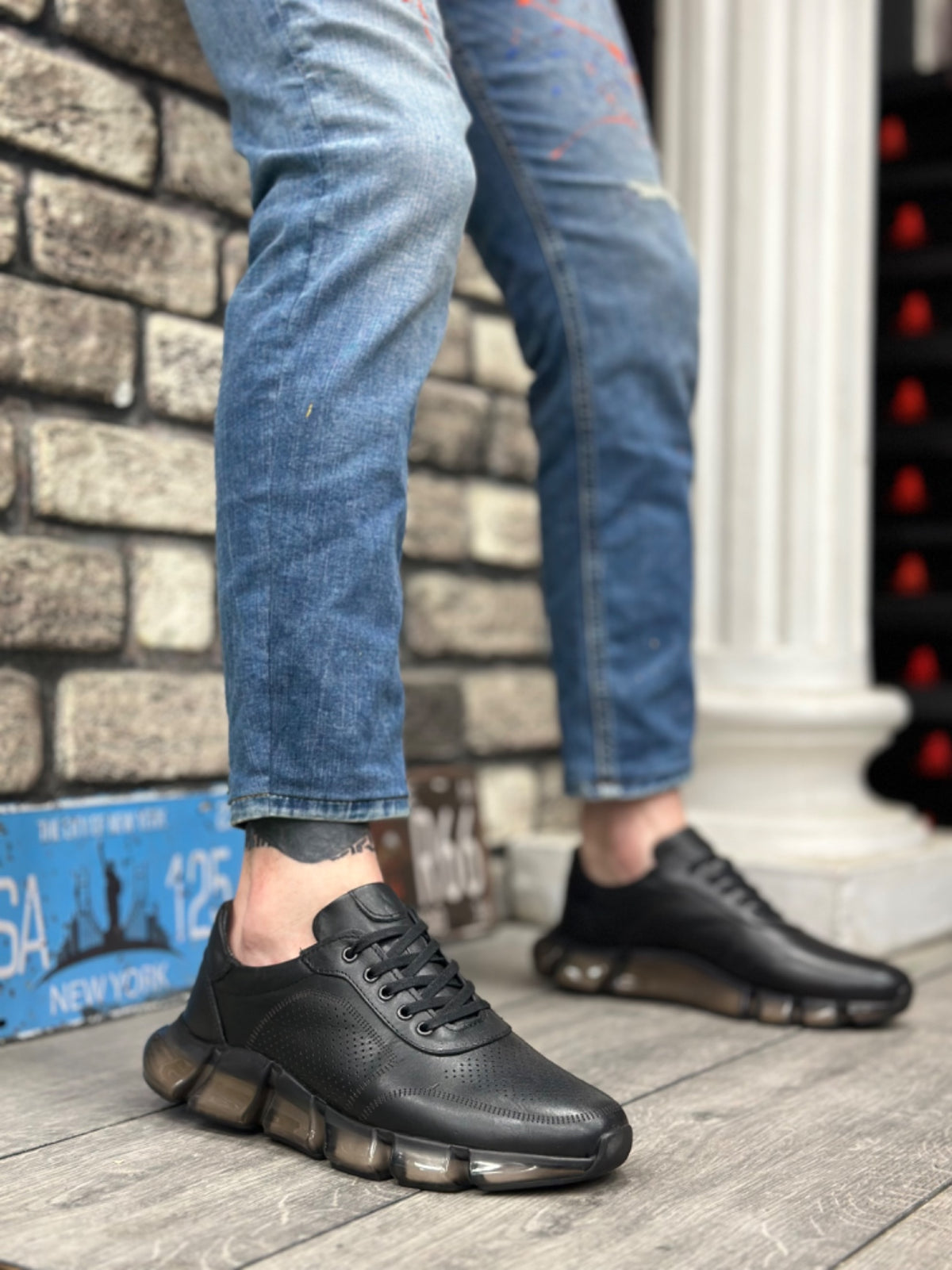 BA0344 Inside and Outside Genuine Leather Comfortable Sole Black Sneakers Casual Men's Shoes - STREETMODE™