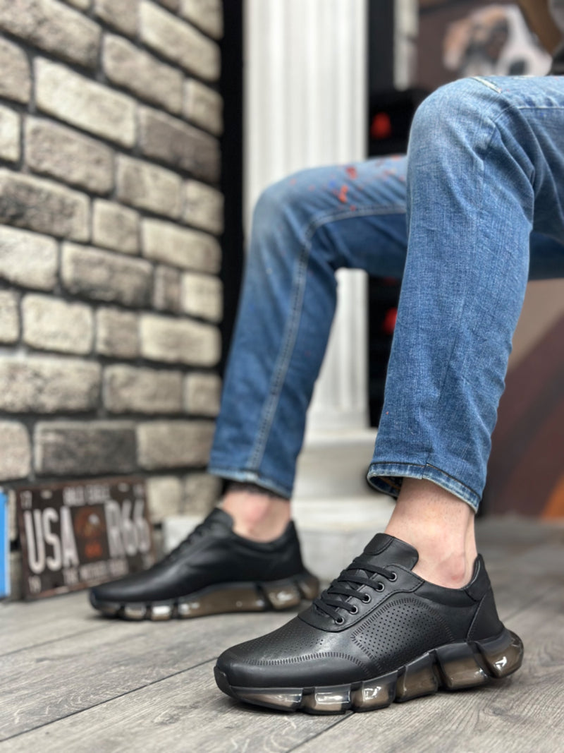 BA0344 Inside and Outside Genuine Leather Comfortable Sole Black Sneakers Casual Men's Shoes - STREETMODE™