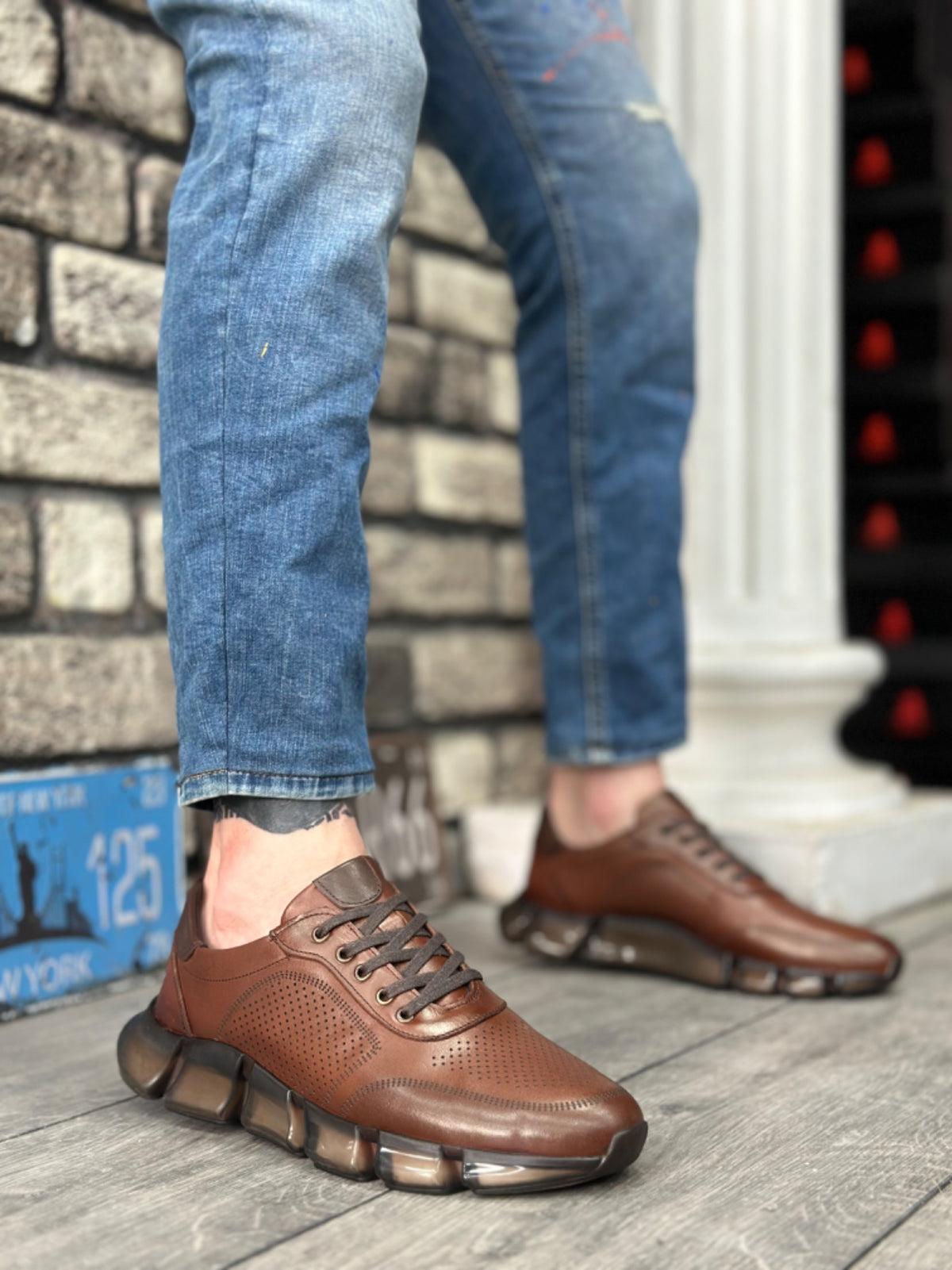 BA0344 Inside and Outside Genuine Leather Comfortable Sole Tan Sneakers Casual Men's Shoes - STREETMODE™