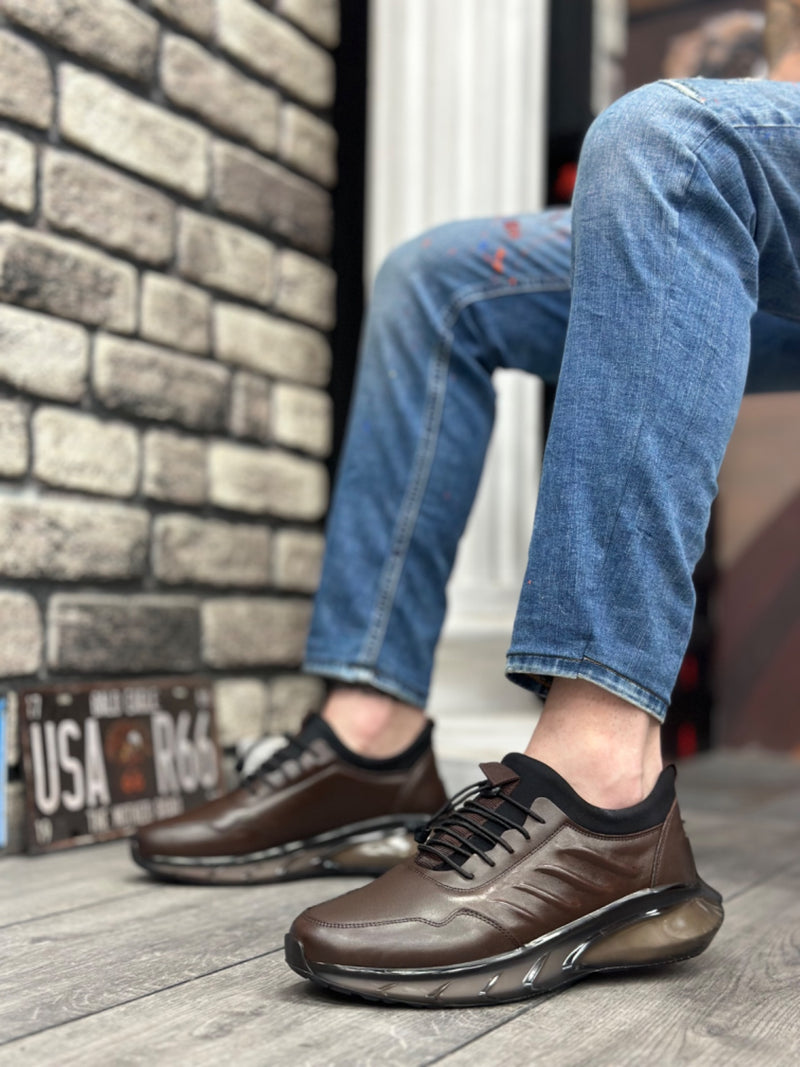 BA0345 Genuine Leather Comfortable Sole Adjustable Rubber Lace Patterned Brown Casual Men's Shoes - STREETMODE™
