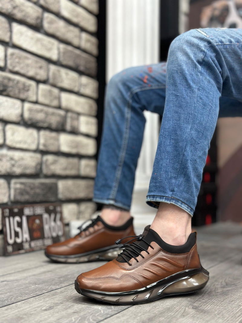 BA0345 Genuine Leather Comfortable Sole Adjustable Rubber Lace Patterned Tan Casual Men's Shoes - STREETMODE™