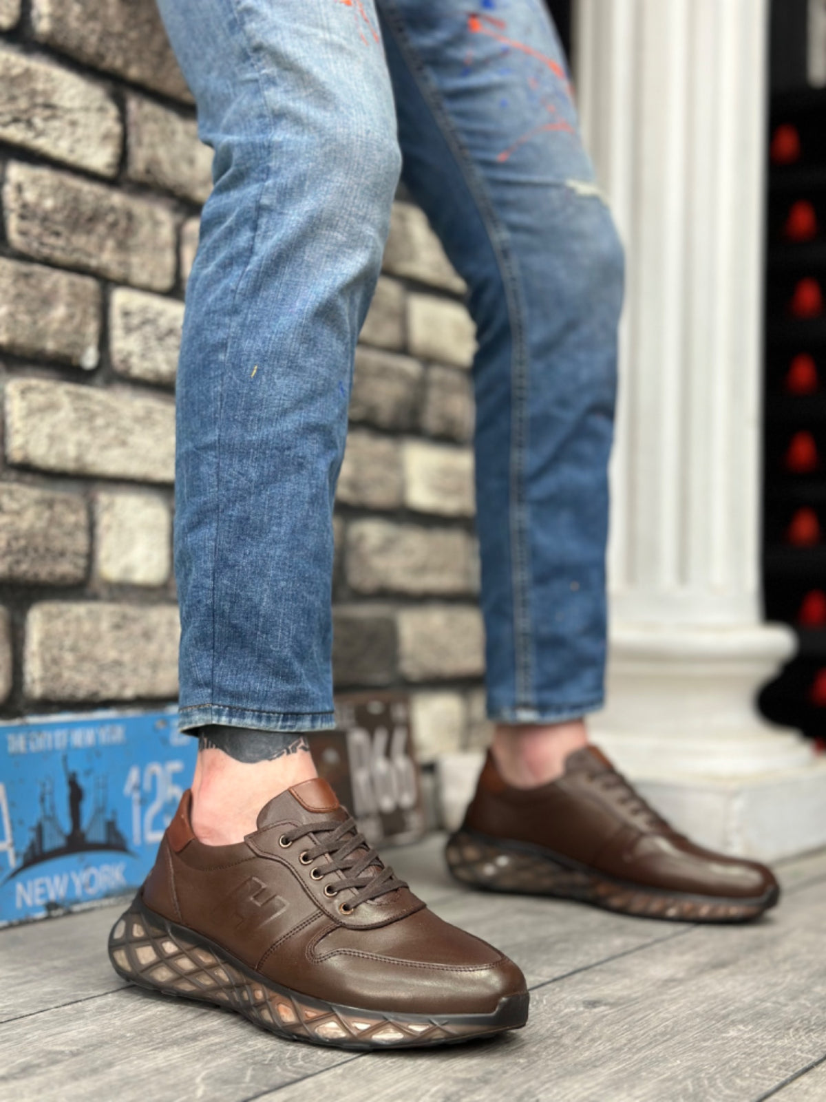 BA0346 Inside and Outside Genuine Leather Comfortable Sole H Detailed Brown Sneakers Casual Men's Shoes - STREETMODE™