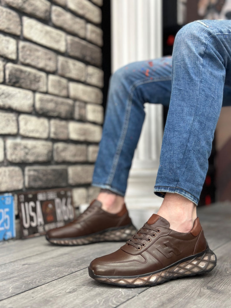 BA0346 Inside and Outside Genuine Leather Comfortable Sole H Detailed Brown Sneakers Casual Men's Shoes - STREETMODE™