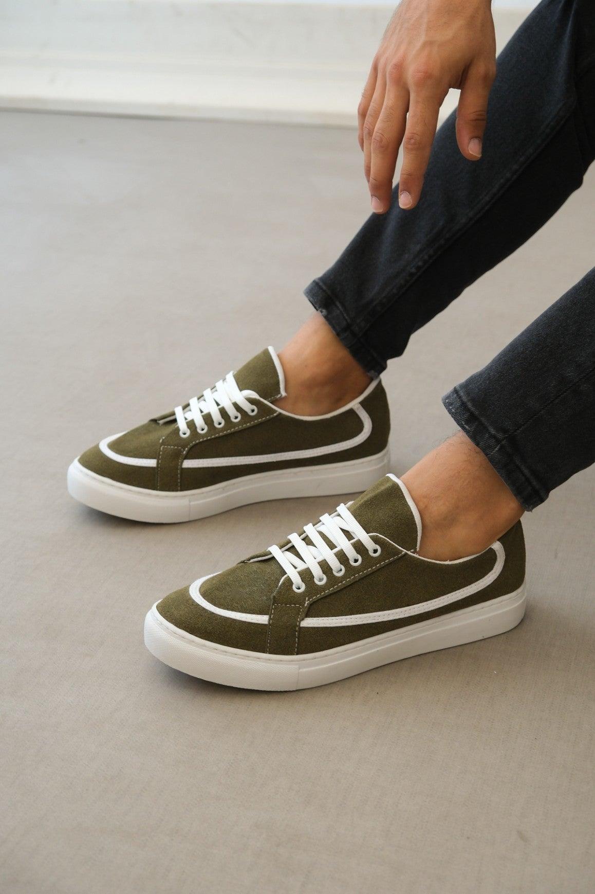 BA0351 Laced Leather Powder Casual Green Color Sneakers - STREETMODE™