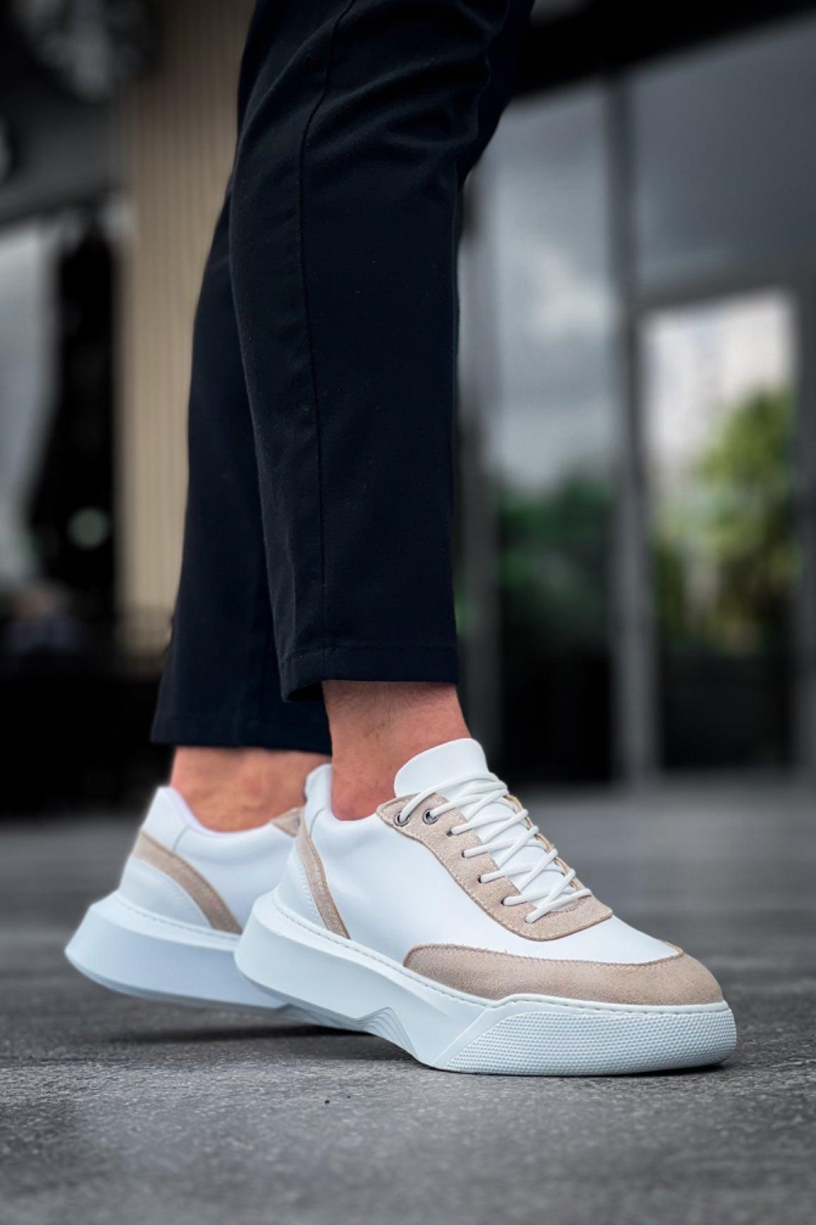 BA0354 Casual Lace-Up Men's Cream Piece White High Sole Sneakers - STREETMODE™