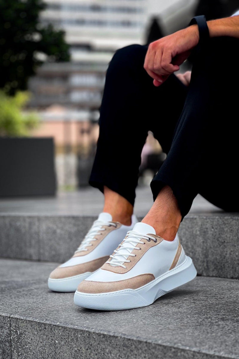 BA0354 Casual Lace-Up Men's Cream Piece White High Sole Sneakers - STREETMODE™