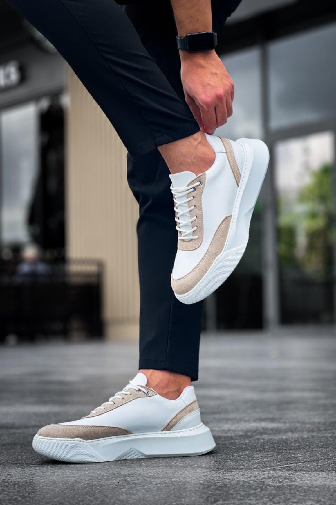 BA0354 Casual Lace-Up Men's Cream Piece White High Sole Sneakers - STREETMODE™