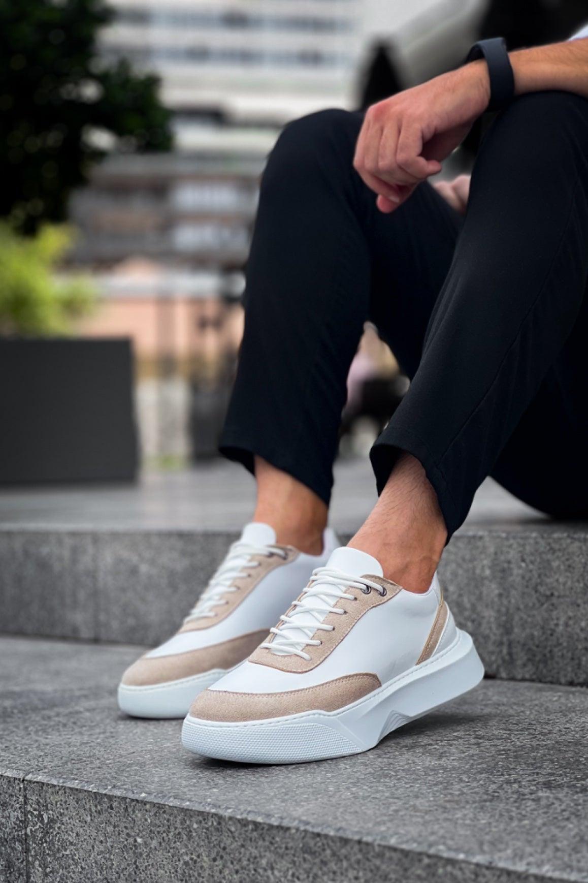 BA0354 Casual Lace-Up Men's Cream Piece White High Sole Sneakers - STREETMODE™