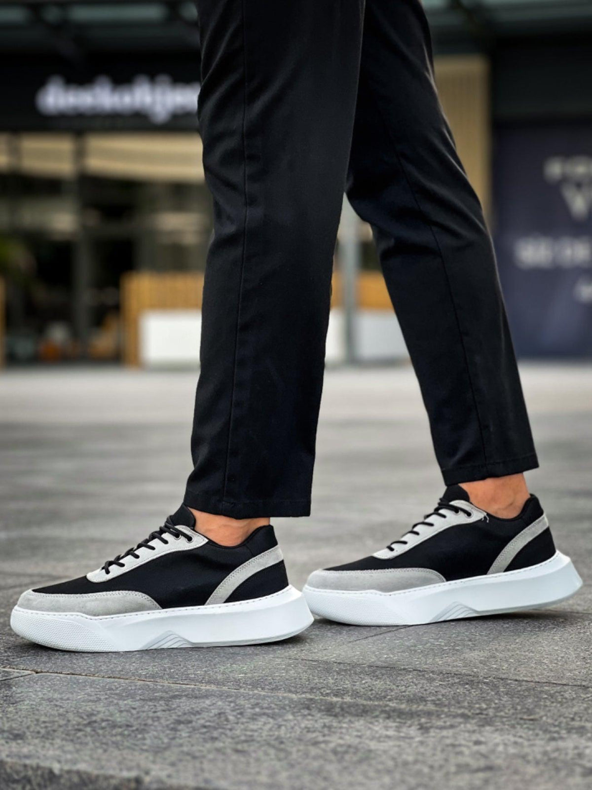 BA0354 Casual Lace-Up Men's Grey Piece Black High Sole Sneakers - STREETMODE™