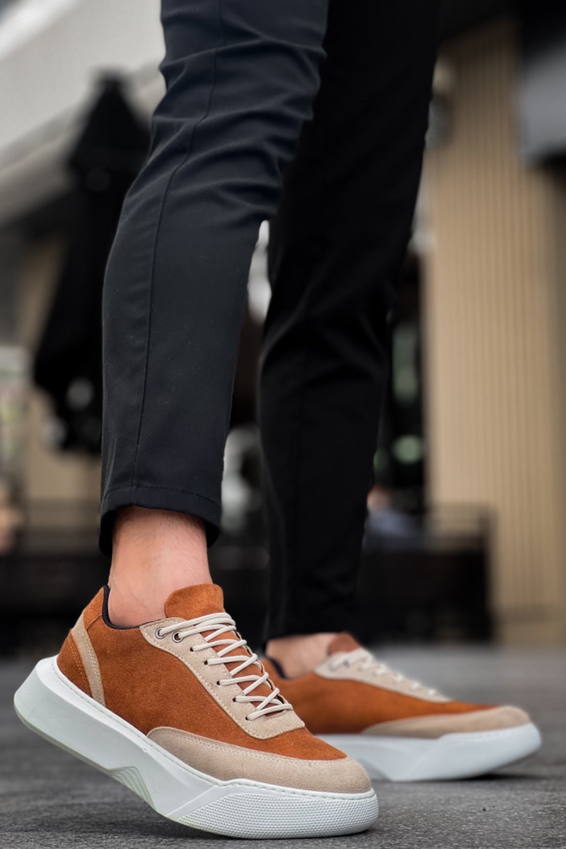 BA0354 Casual Lace-Up Men's High Sole Cream Detailed Brown Suede Sneakers - STREETMODE™