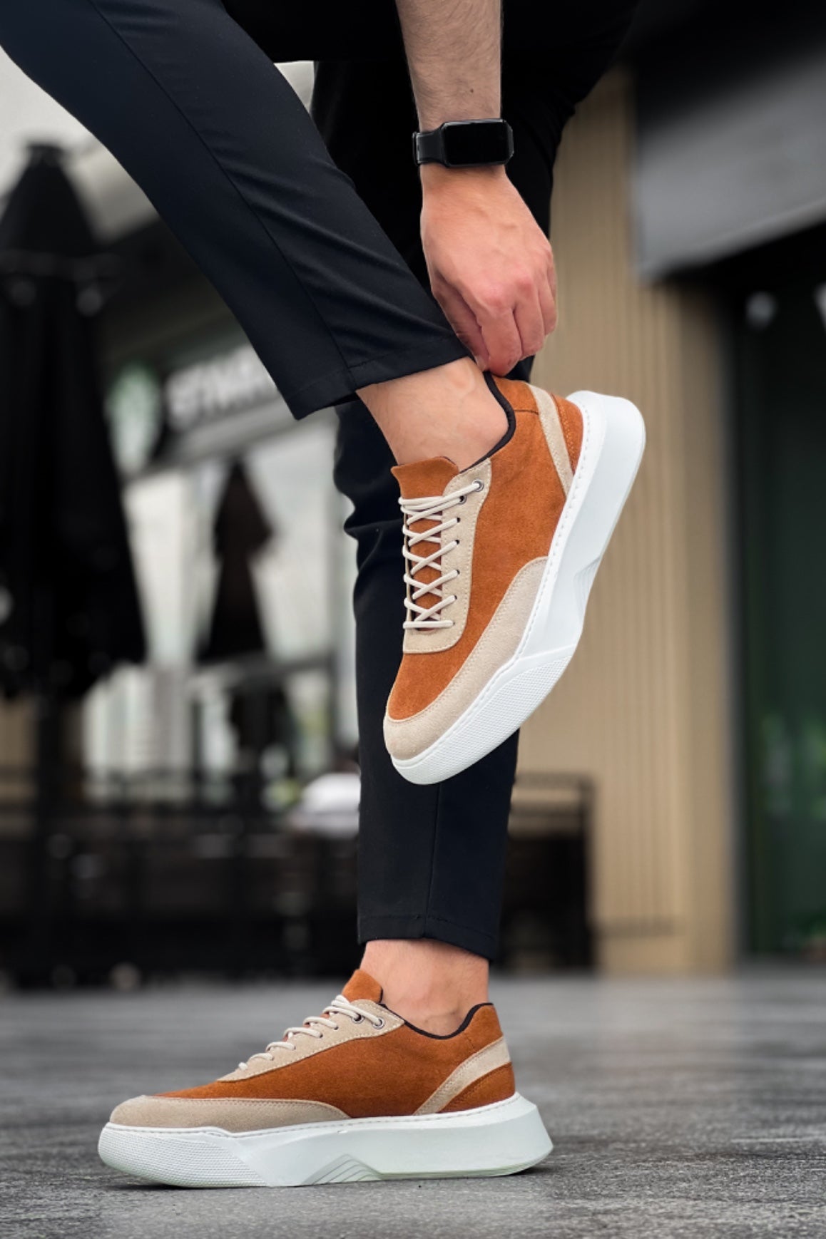 BA0354 Casual Lace-Up Men's High Sole Cream Detailed Brown Suede Sneakers - STREETMODE™