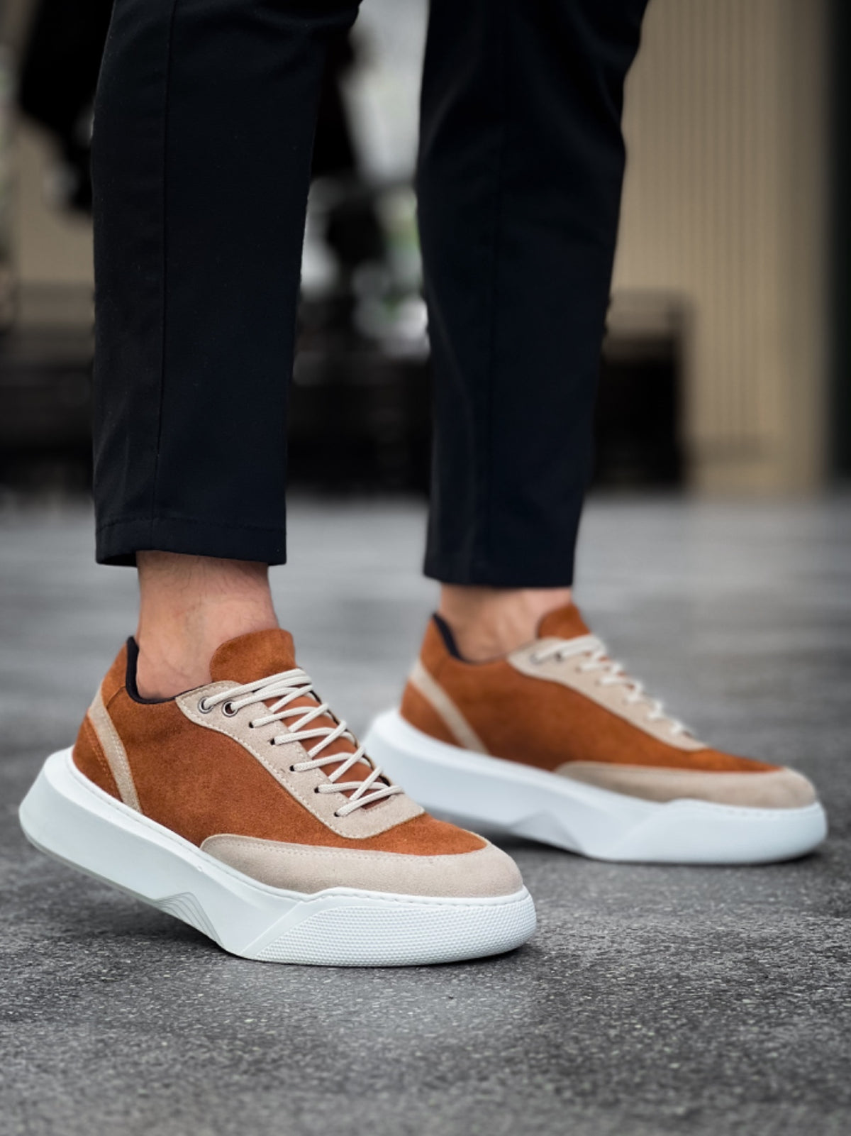 BA0354 Casual Lace-Up Men's High Sole Cream Detailed Brown Suede Sneakers - STREETMODE™