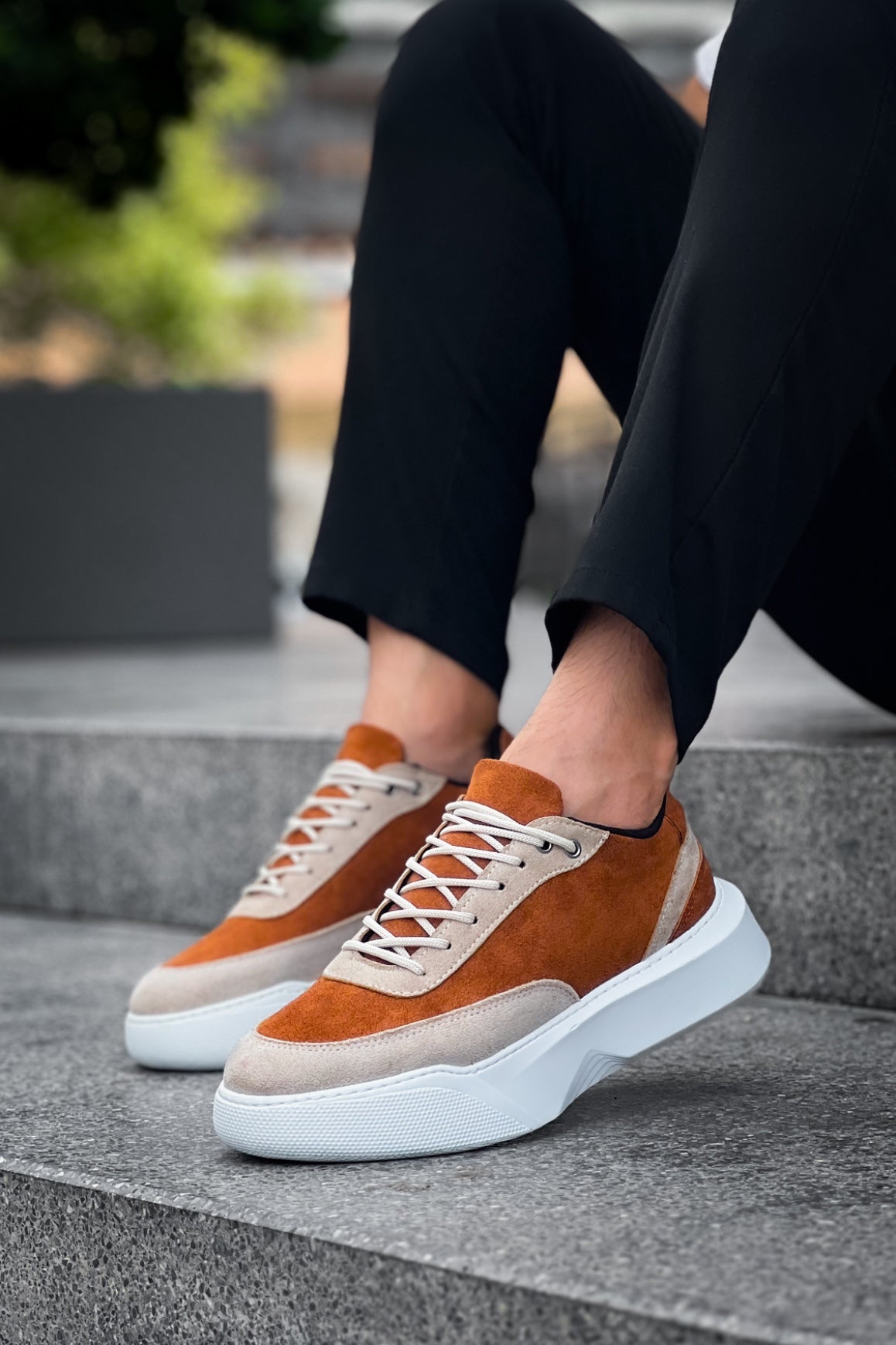 BA0354 Casual Lace-Up Men's High Sole Cream Detailed Brown Suede Sneakers - STREETMODE™