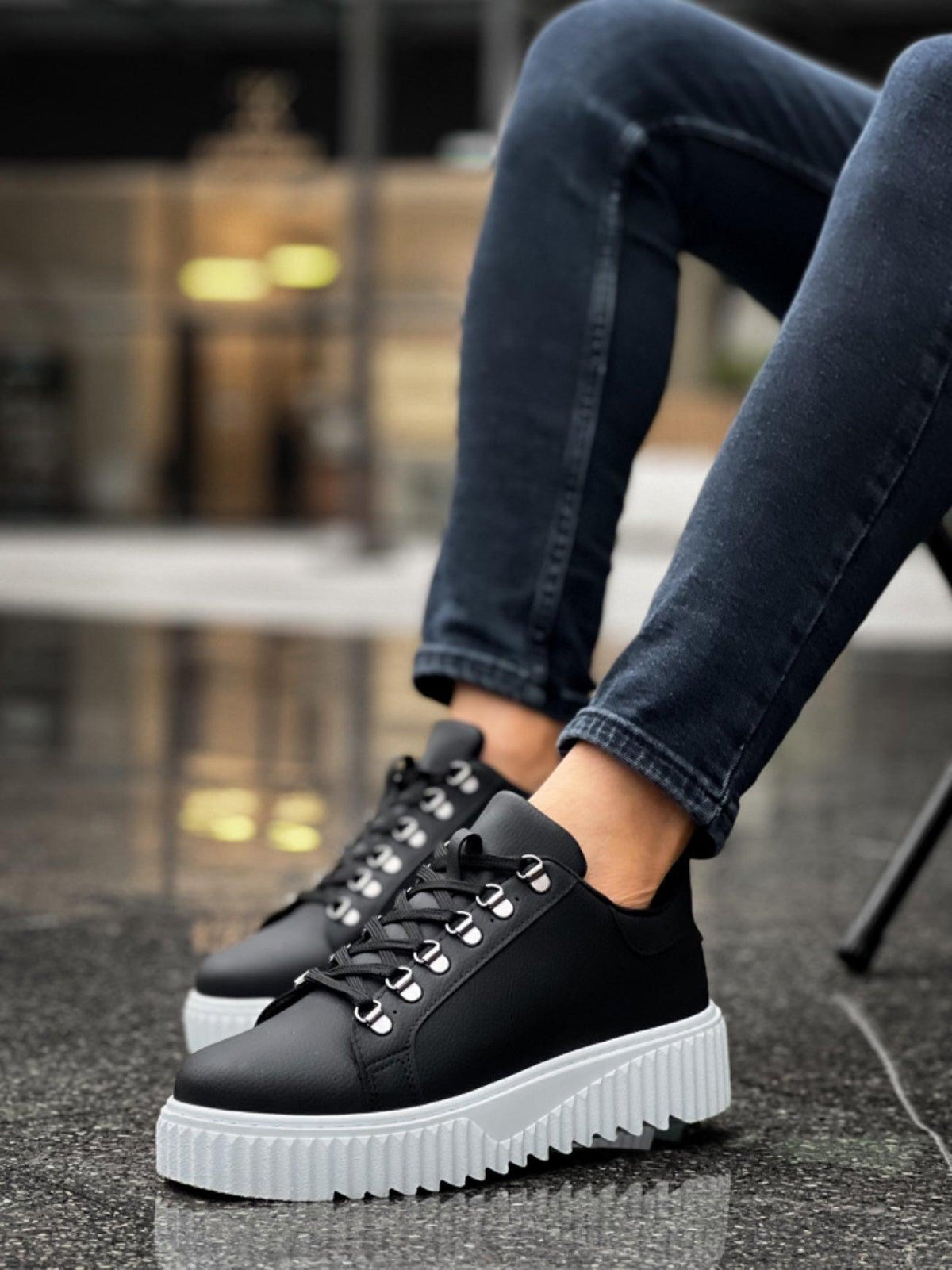 BA0505 Hook Laced Black Color White Based Casual Shoes - STREETMODE™