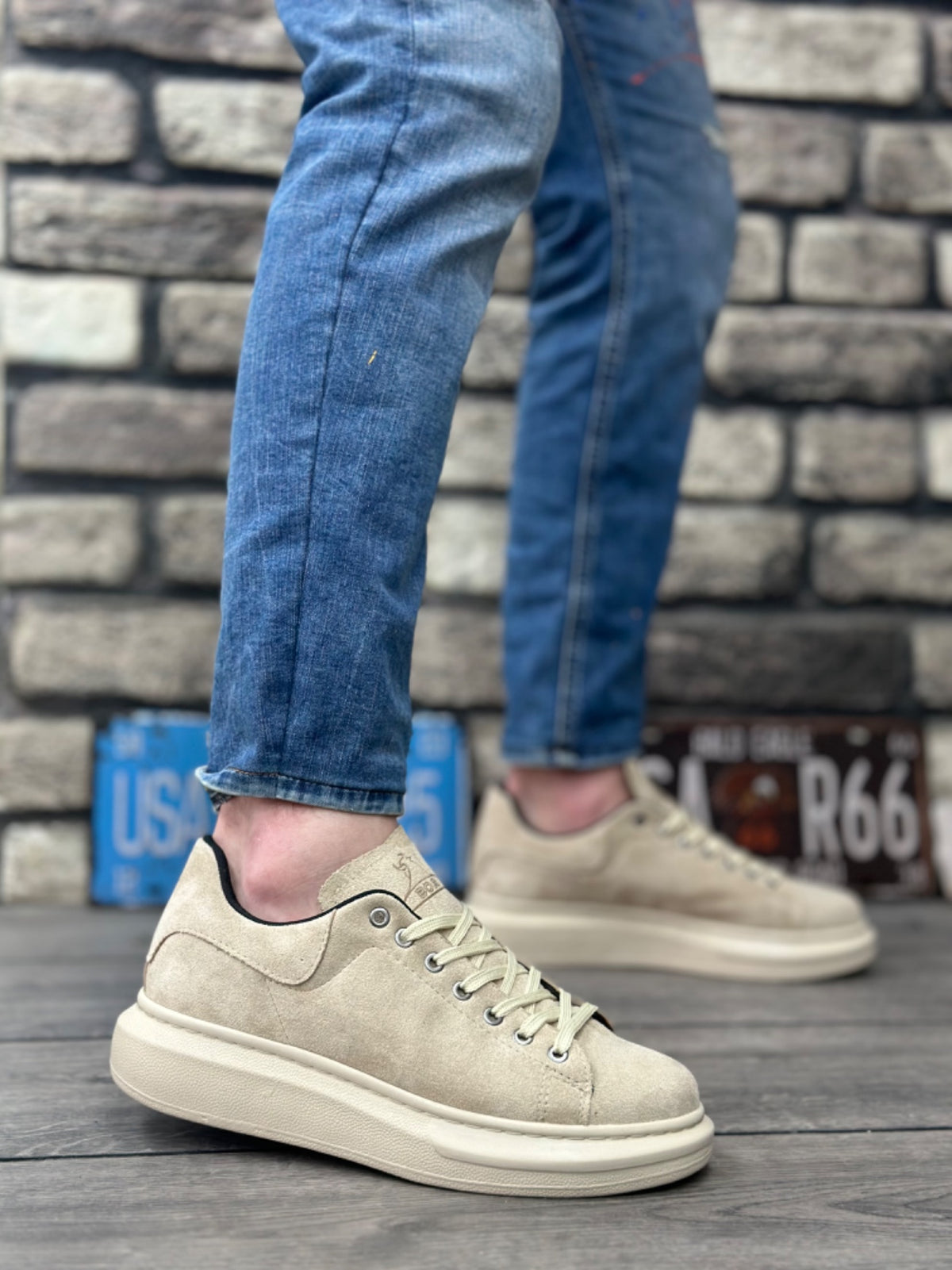 BA0547 Thick High Cream Sole Cream Suede Lace-Up Sports Men's Shoes - STREETMODE™