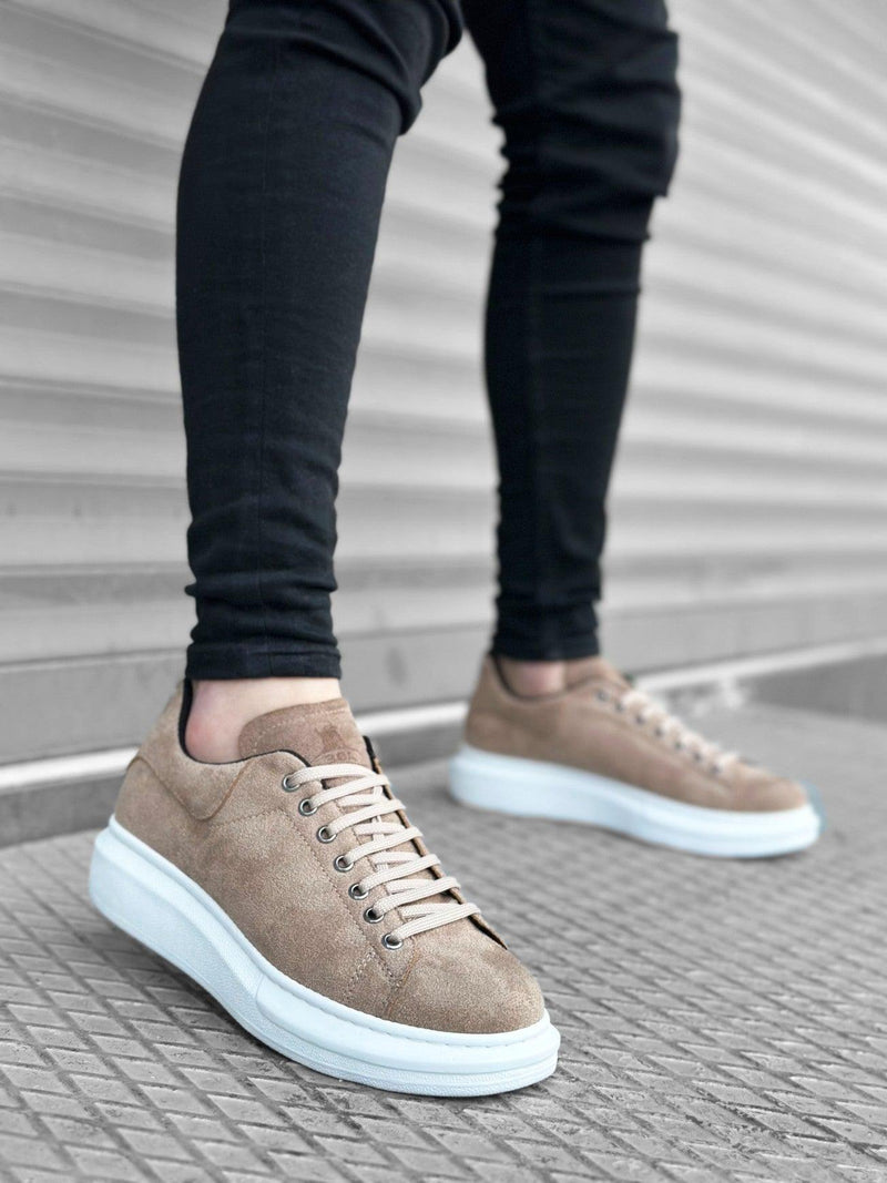 BA0547 Thick High Sole Cream Suede Lace-Up Sports Men's Sneakers Shoes - STREETMODE™