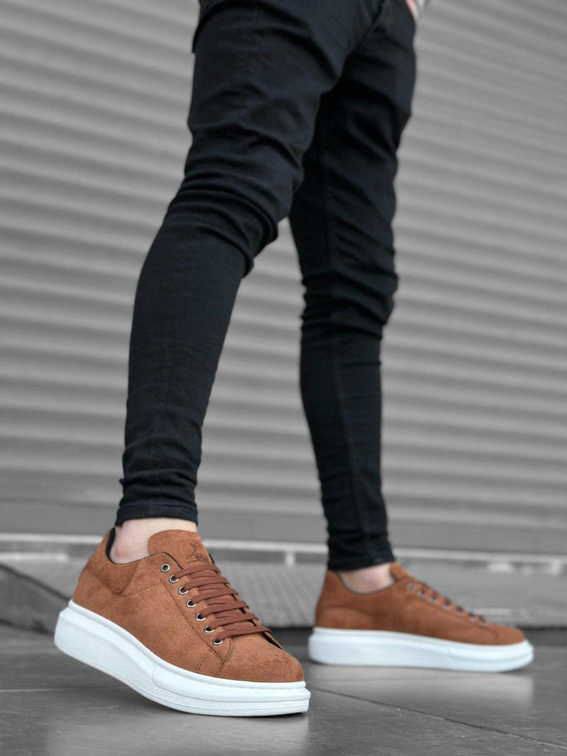 BA0547 Thick High Sole Tan Suede Lace-up Sports Men's Sneakers Shoes - STREETMODE™