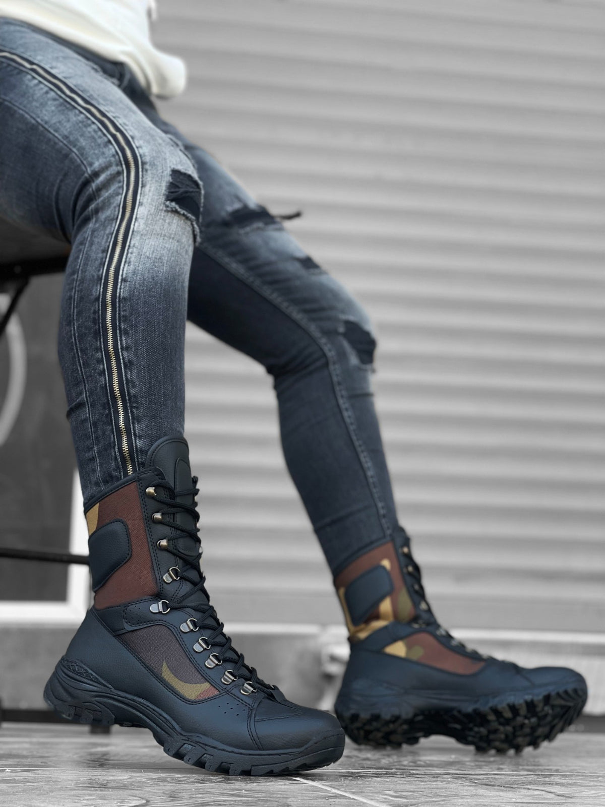 BA0605 Lace-up Black Camouflage Military Boots - STREETMODE™