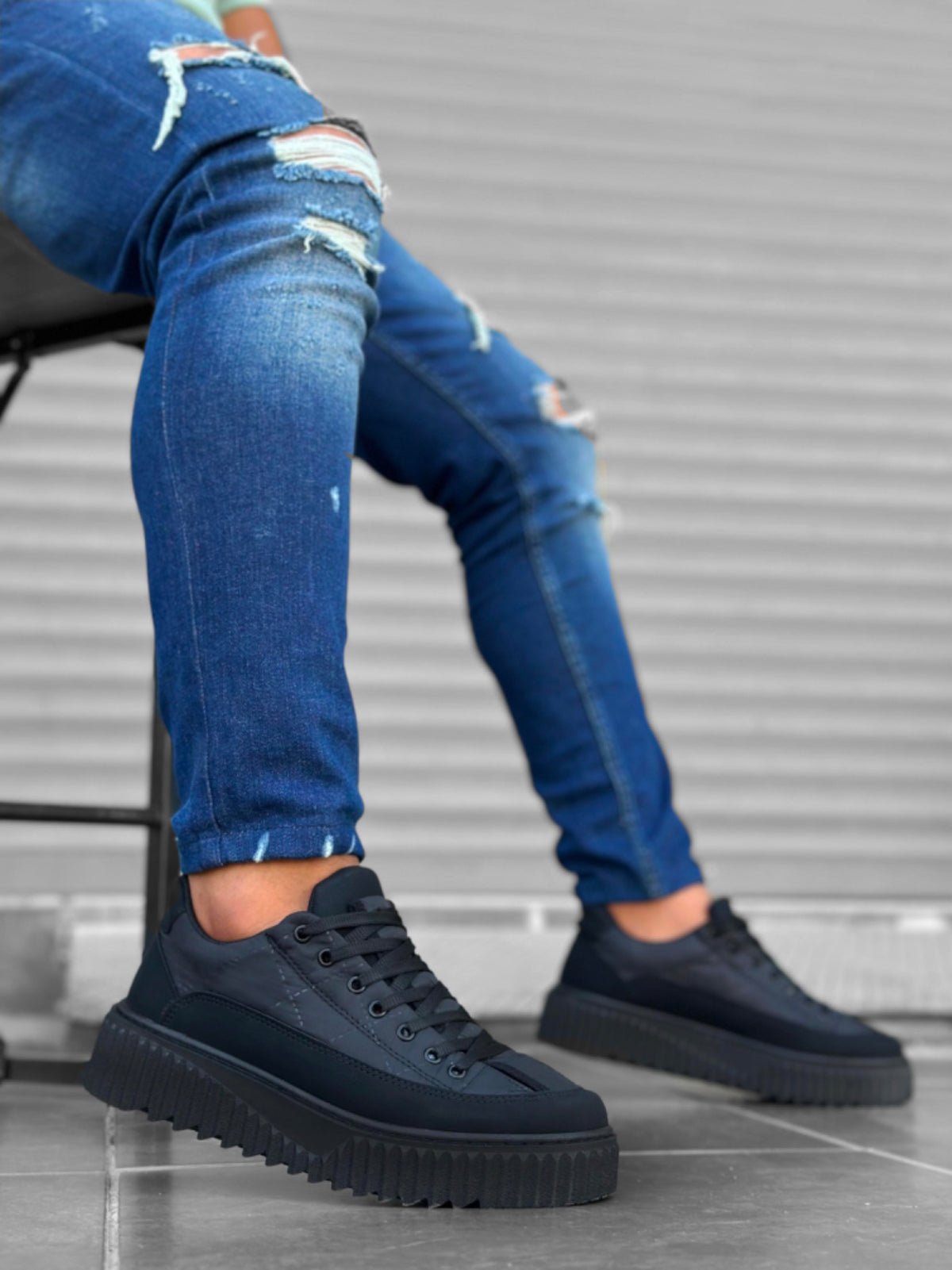 BA0801 Black High Sole Black Parachute Fabric Skin Detail Men's Sneakers Shoes - STREETMODE™